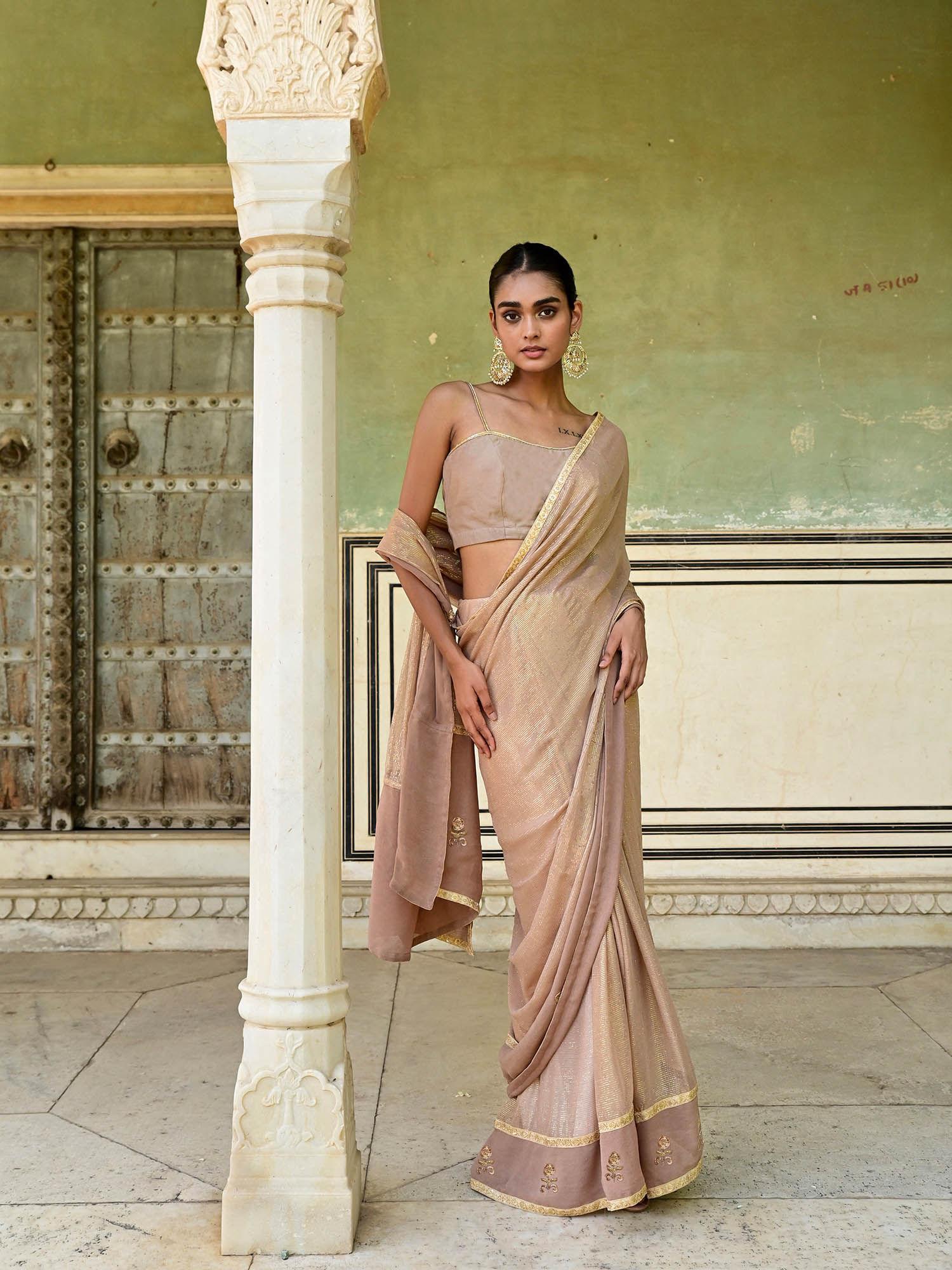 gulnaar beige embellished saree with unstitched blouse