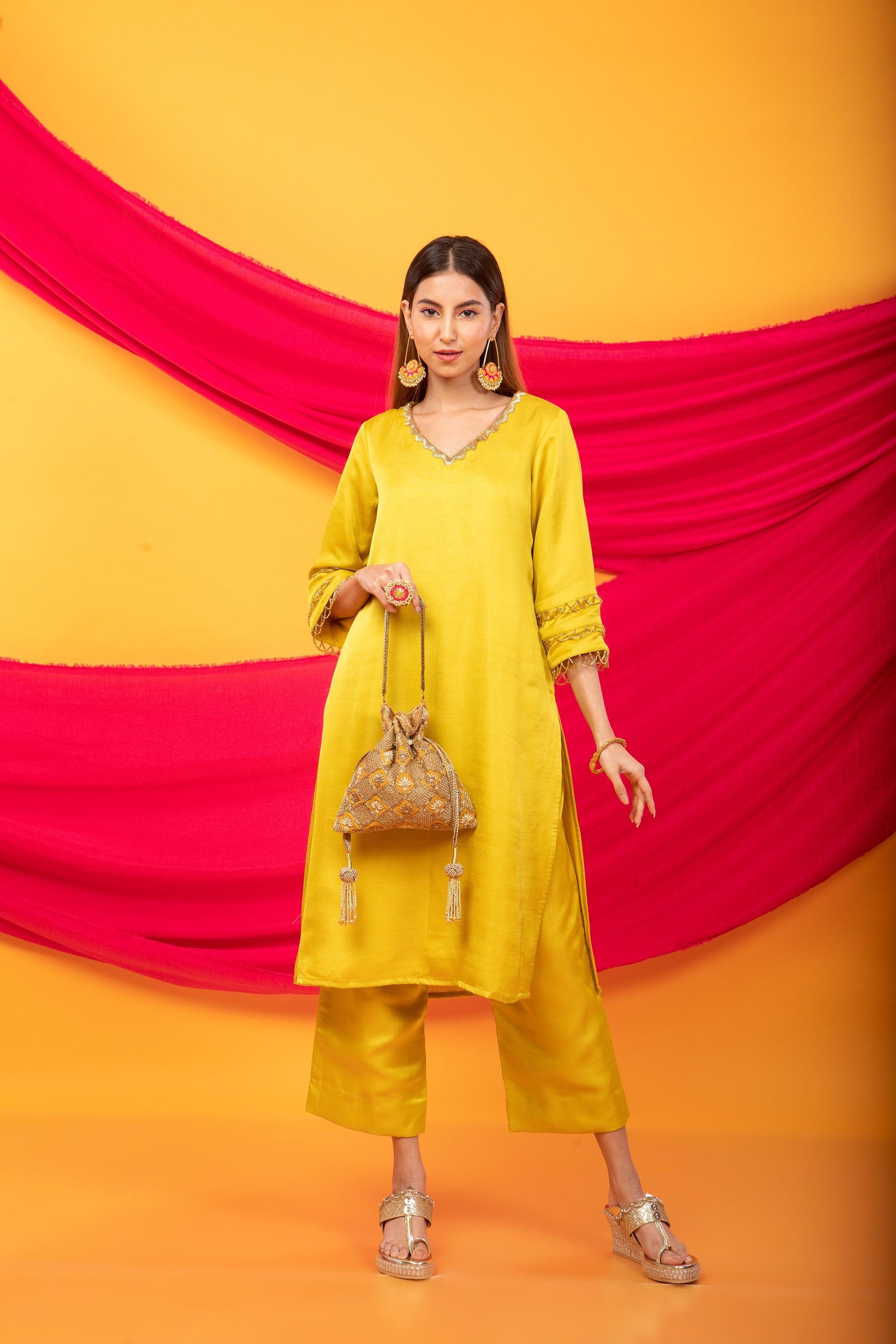 gulnaar lahori kurta and pant set-canary yellow