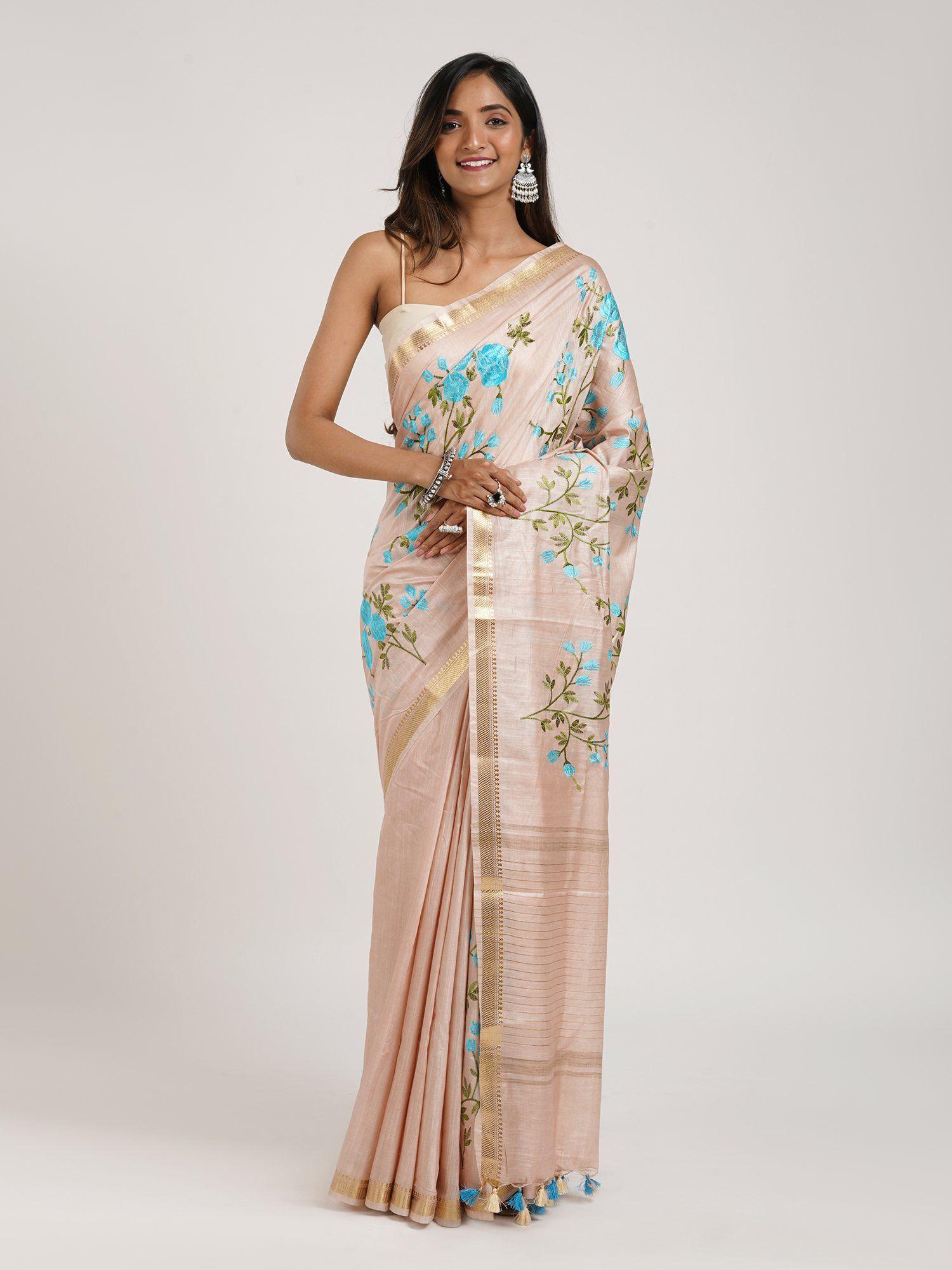 gulrang cream & blue silk linen saree with unstitched blouse