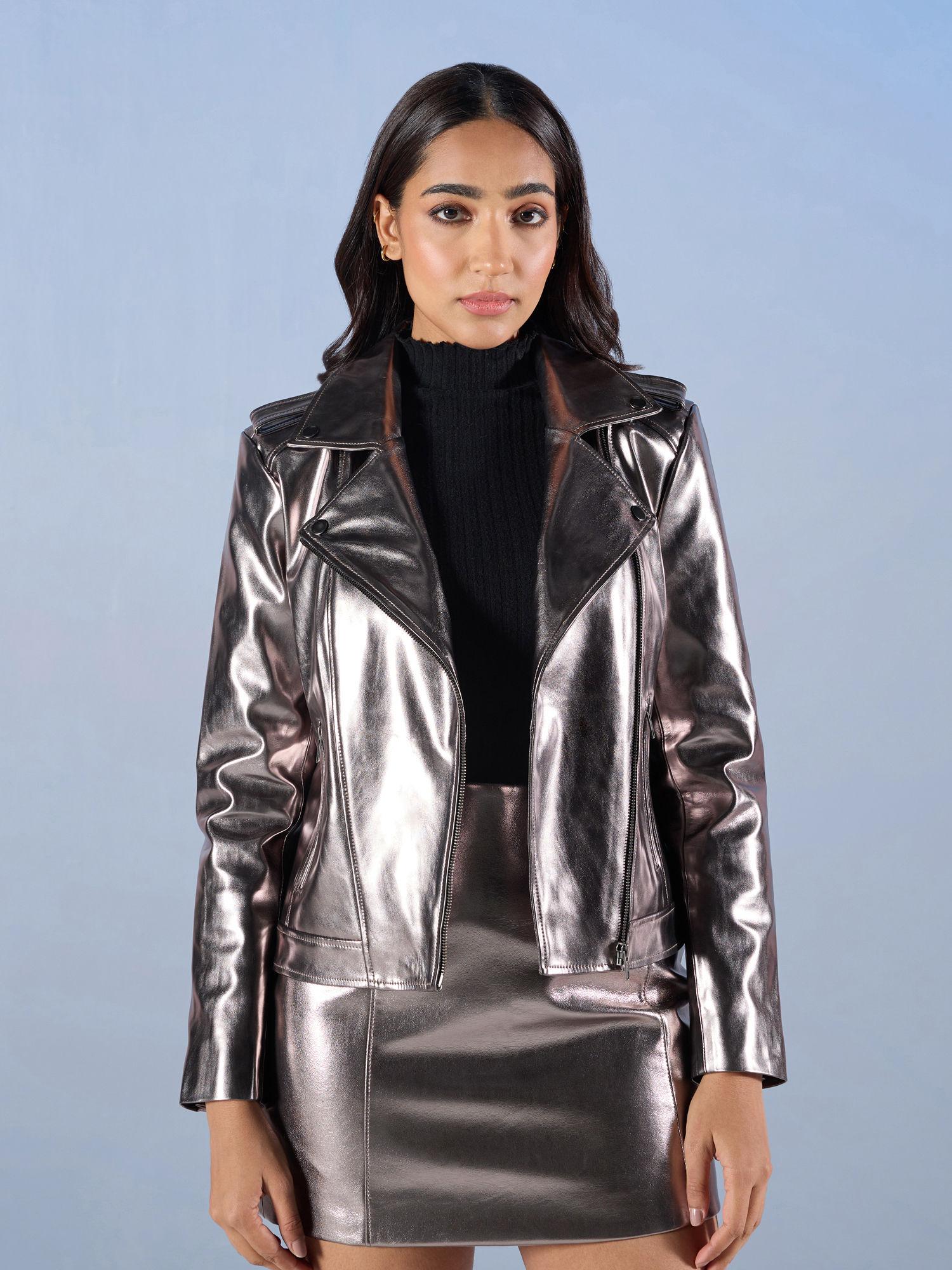 gunmetal notched lapel full sleeves faux leather biker jacket