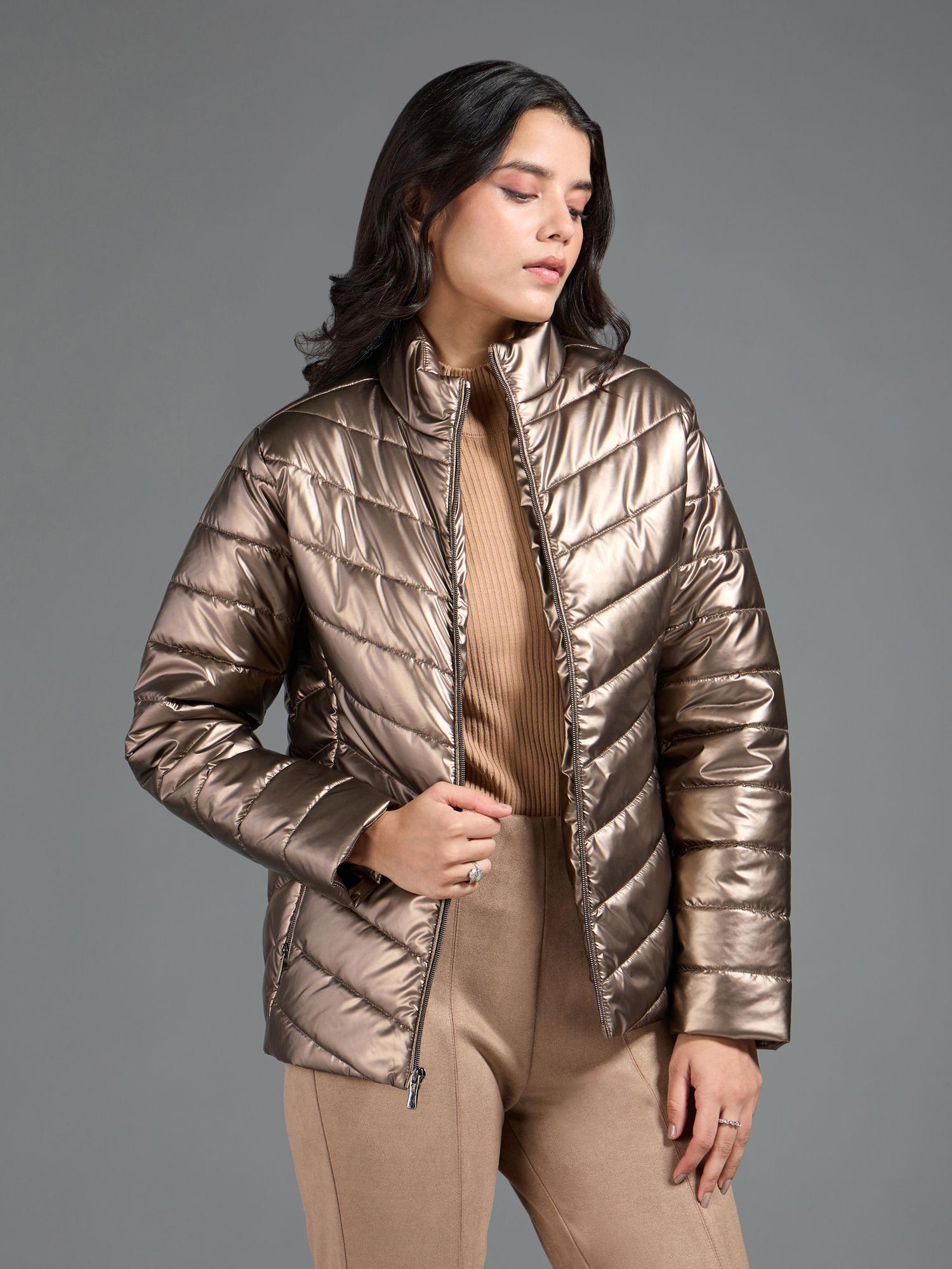 gunmetal solid high neck metallic quilted puffer jacket