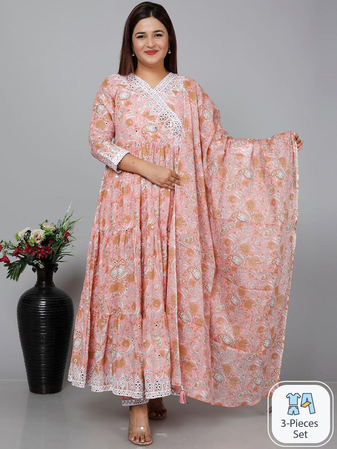 gvs shoppe floral printed thread work anarkali kurta with trousers & dupatta