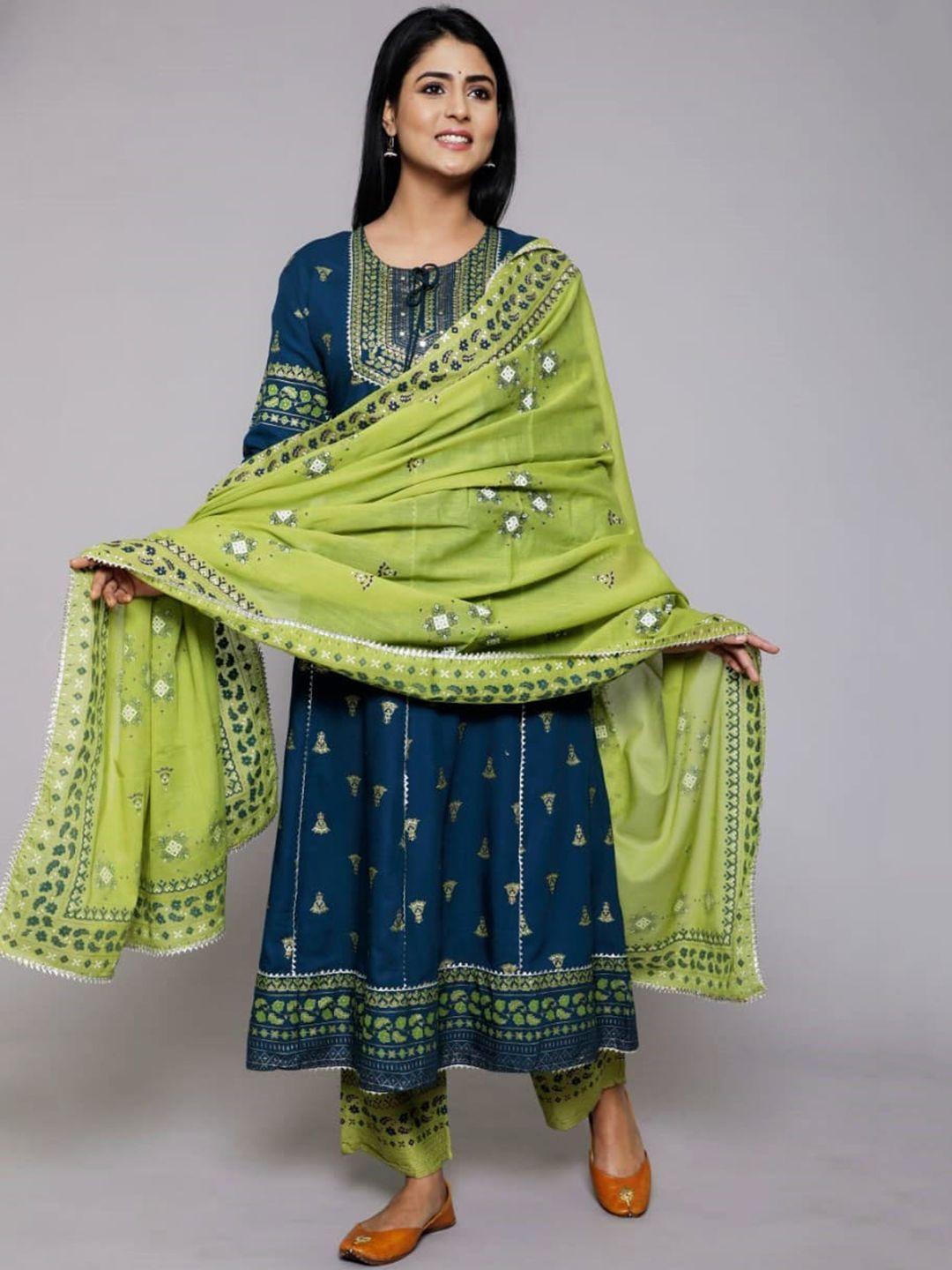 gvs shoppe teal green ethnic motifs printed kurta with trousers & with dupatta