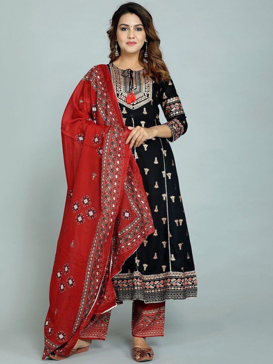 gvs shoppe women black ethnic motifs printed regular kurta with trousers & with dupatta