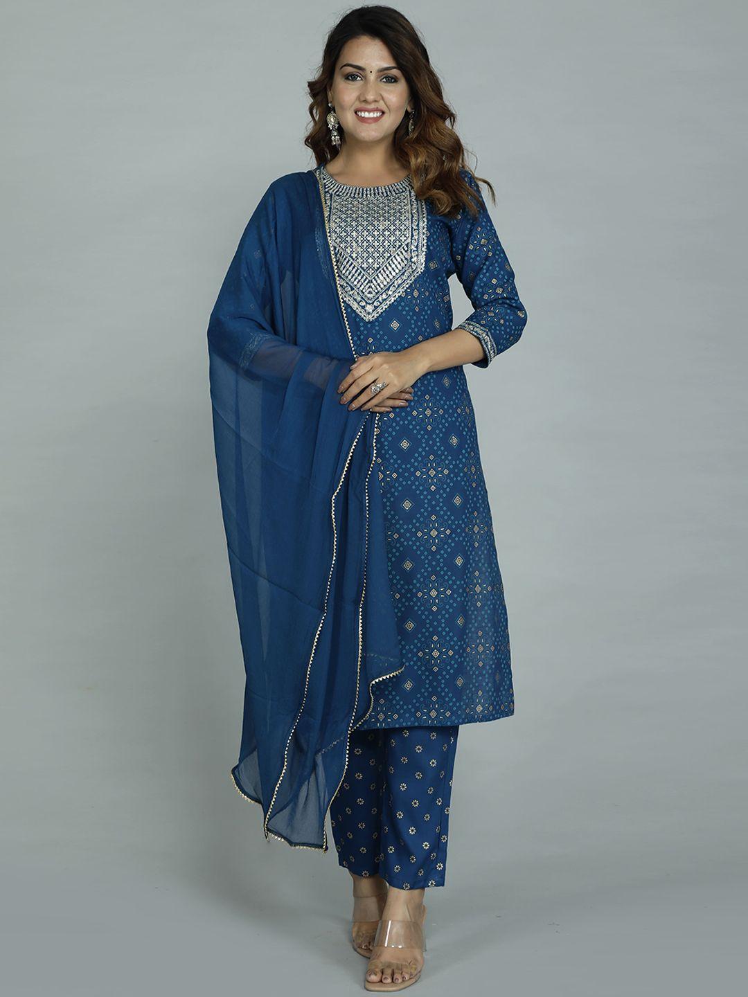 gvs shoppe women blue ethnic motifs printed kurta with trousers & with dupatta