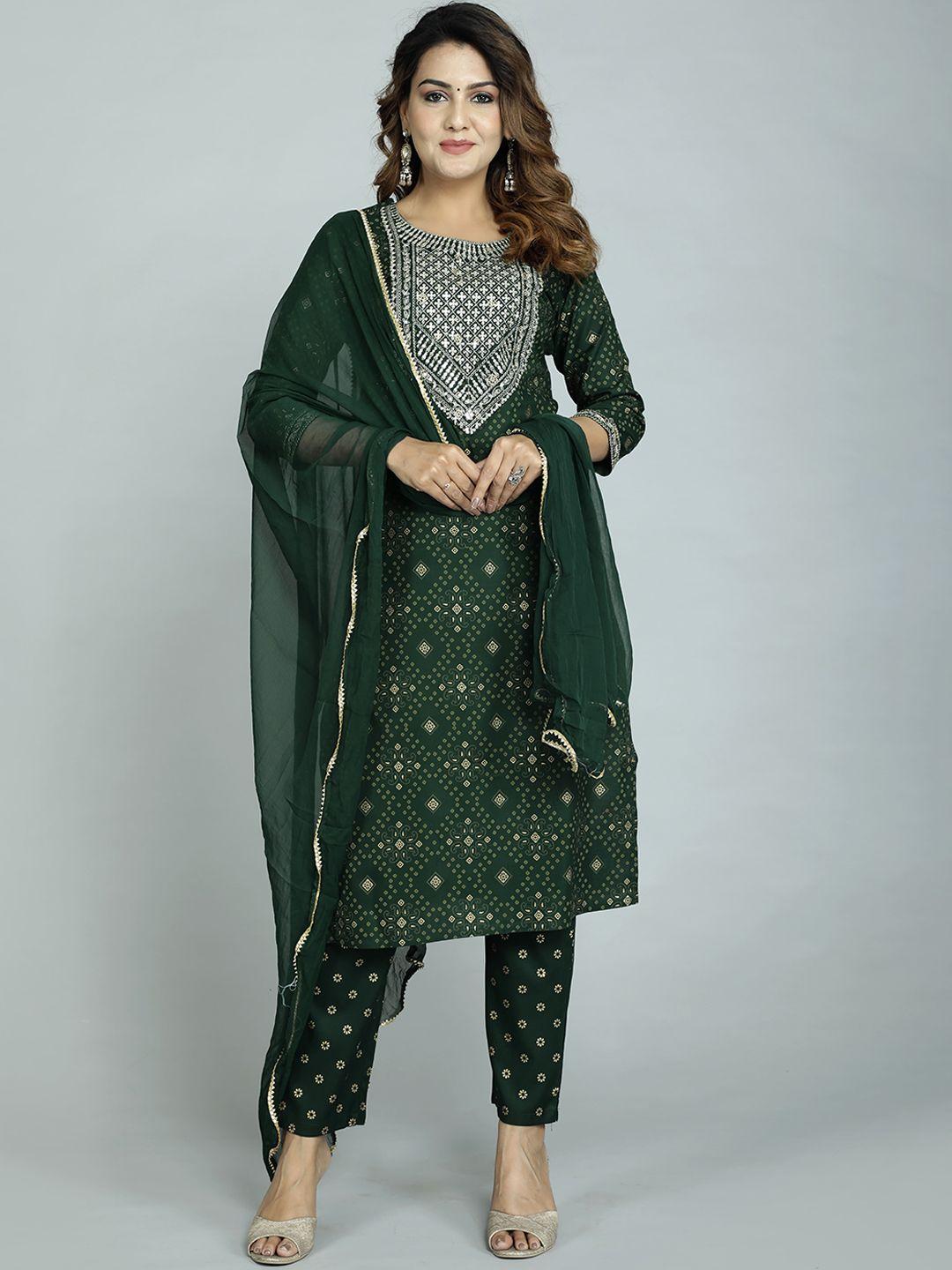 gvs shoppe women green ethnic motifs kurta with trousers & with dupatta