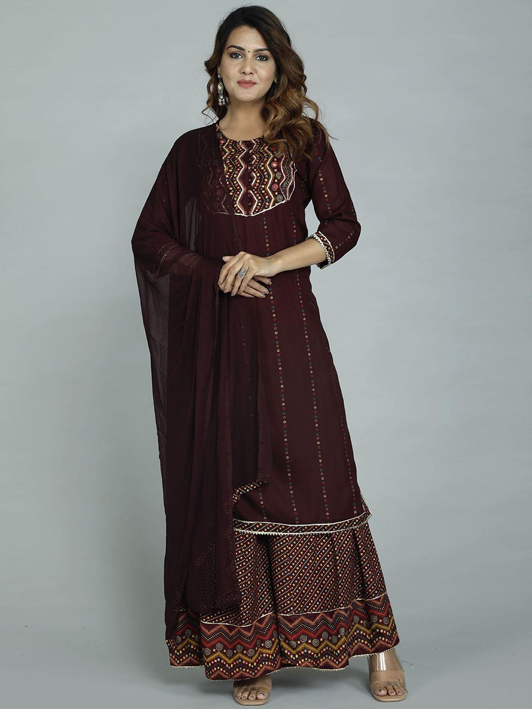 gvs shoppe women maroon embroidered kurta with sharara & with dupatta