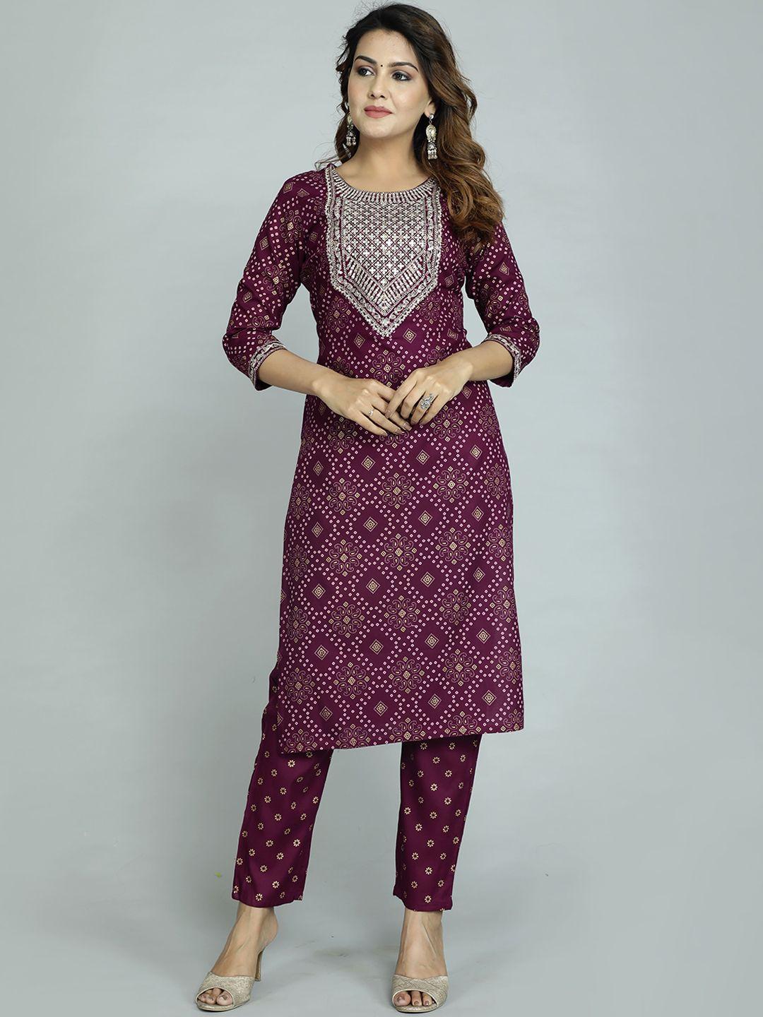 gvs shoppe women purple ethnic motifs yoke design sequinned kurta with trousers & with dupatta