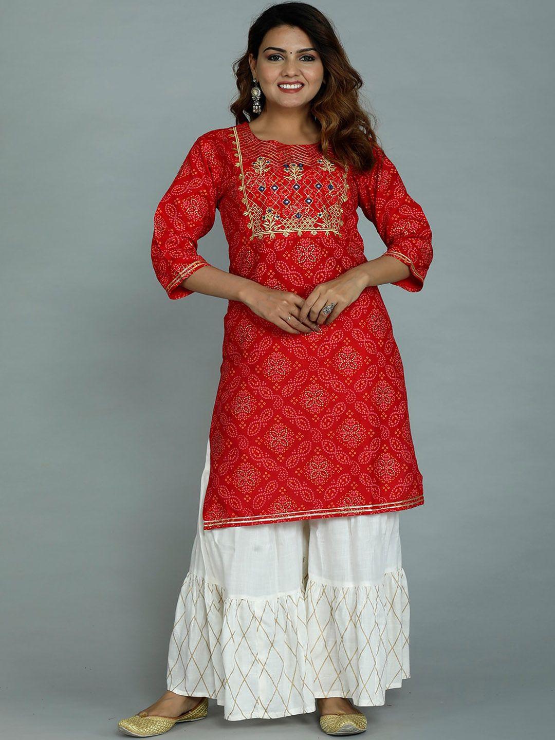 gvs shoppe women red bandhani printed thread work kurta with sharara