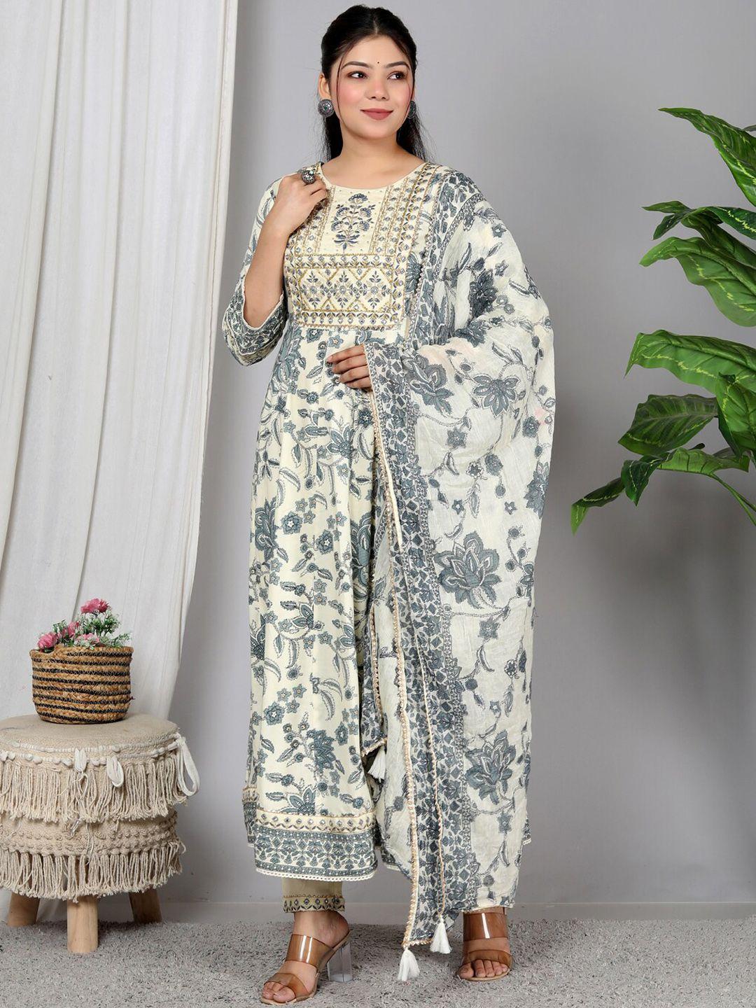 gvs shoppe women white floral printed empire gotta patti kurta with trousers & with dupatta