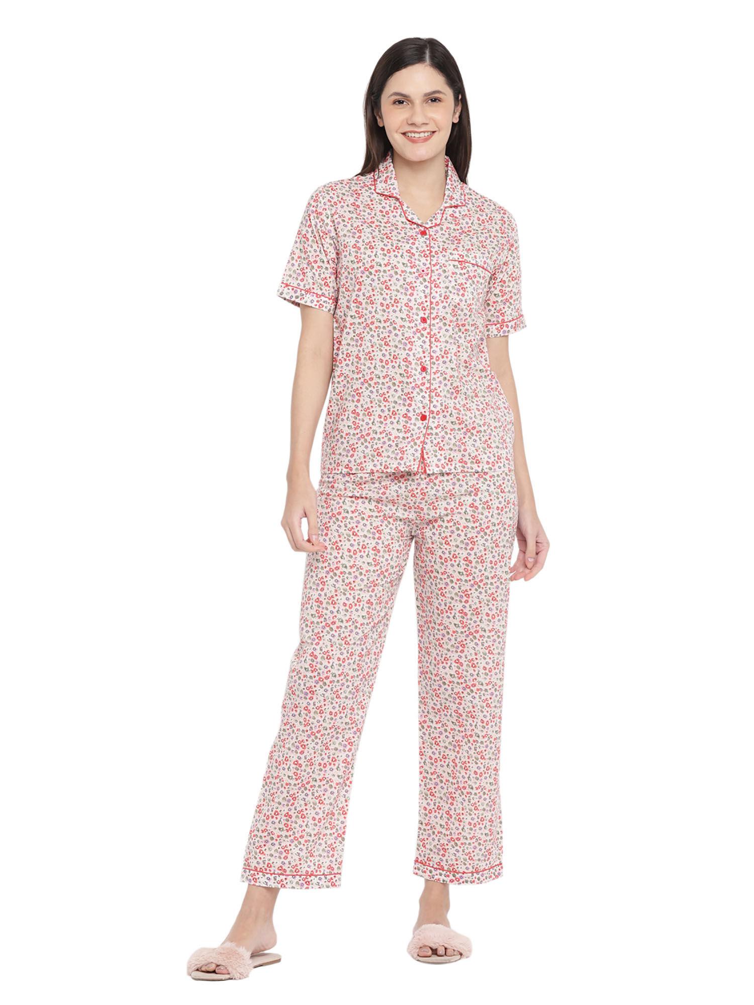 gypsy flower print short sleeves shirt with pyjama (set of 2)