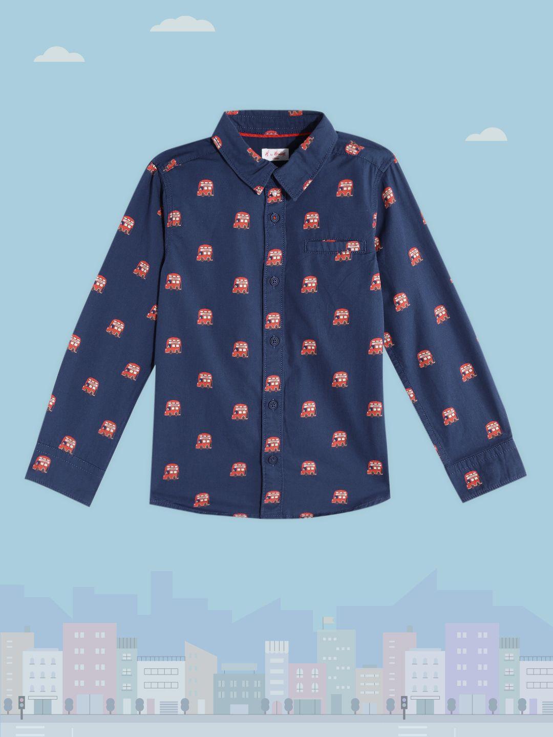 h by hamleys boys navy blue & red printed cotton casual shirt