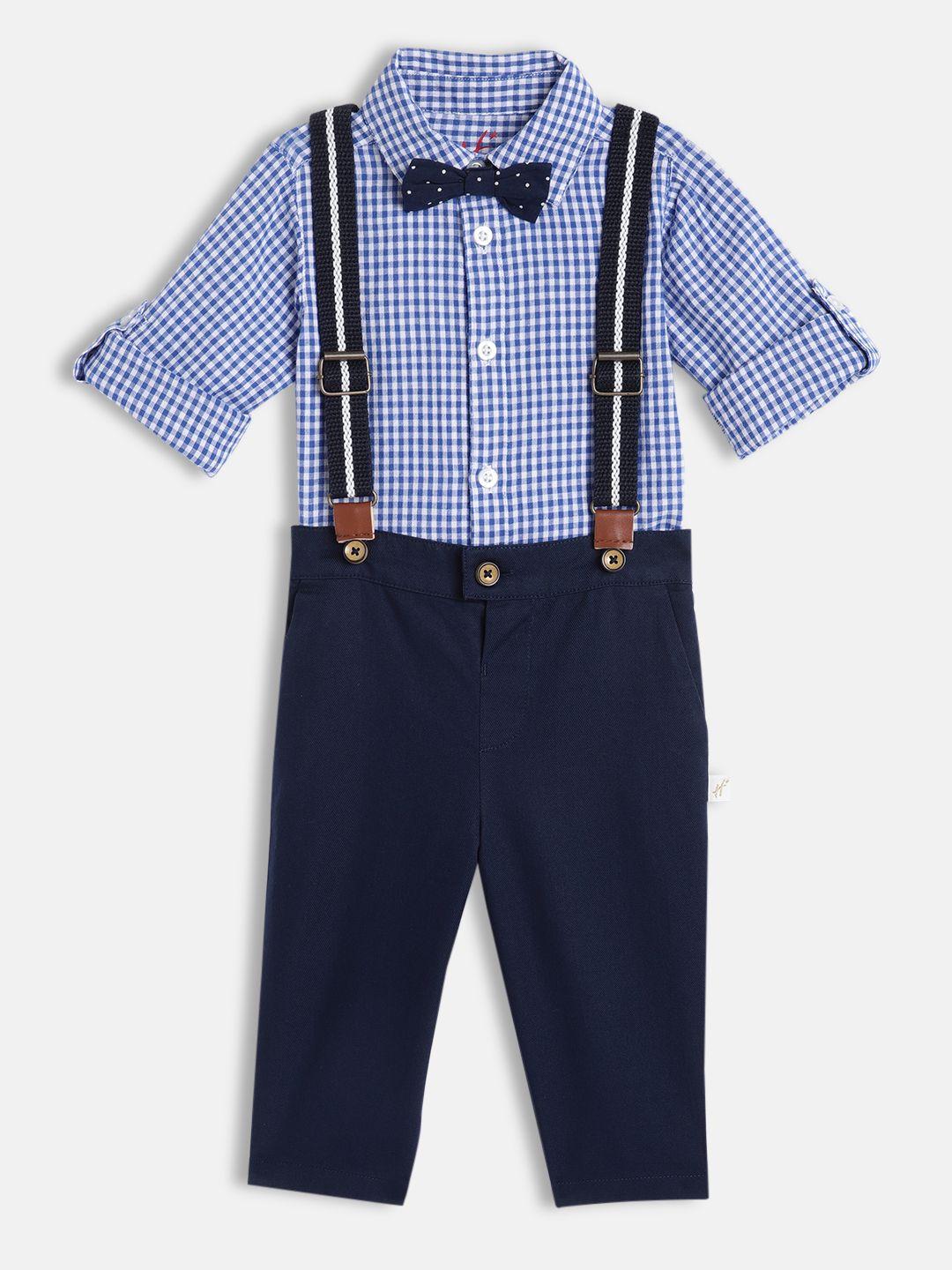 h by hamleys boys navy blue checked shirt with trousers & suspenders