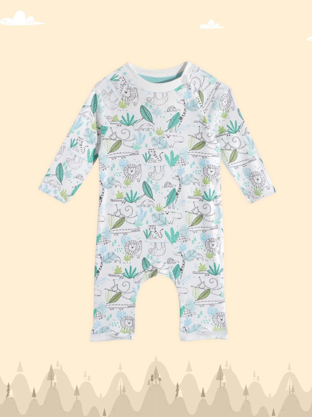 h by hamleys infant boys white & green pure cotton printed rompers