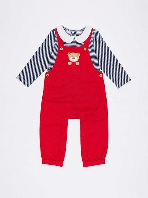 h by hamleys infants girls white & red striped full sleeves top with dungaree