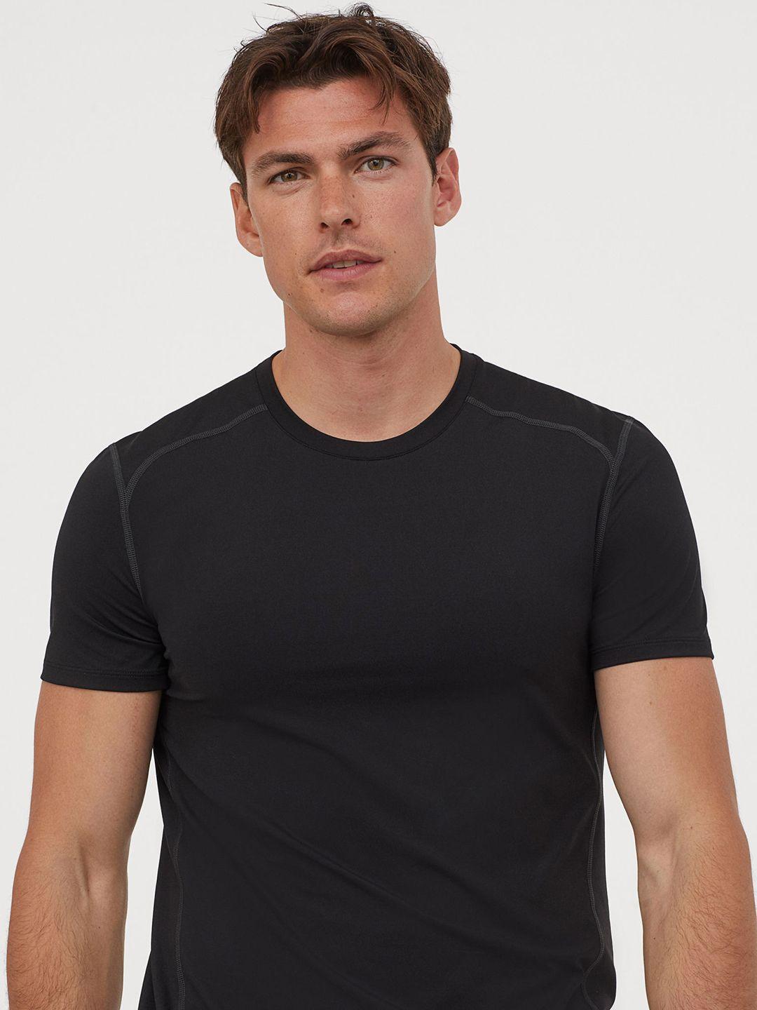h&m men black solid slim fit sports sustainable t-shirt