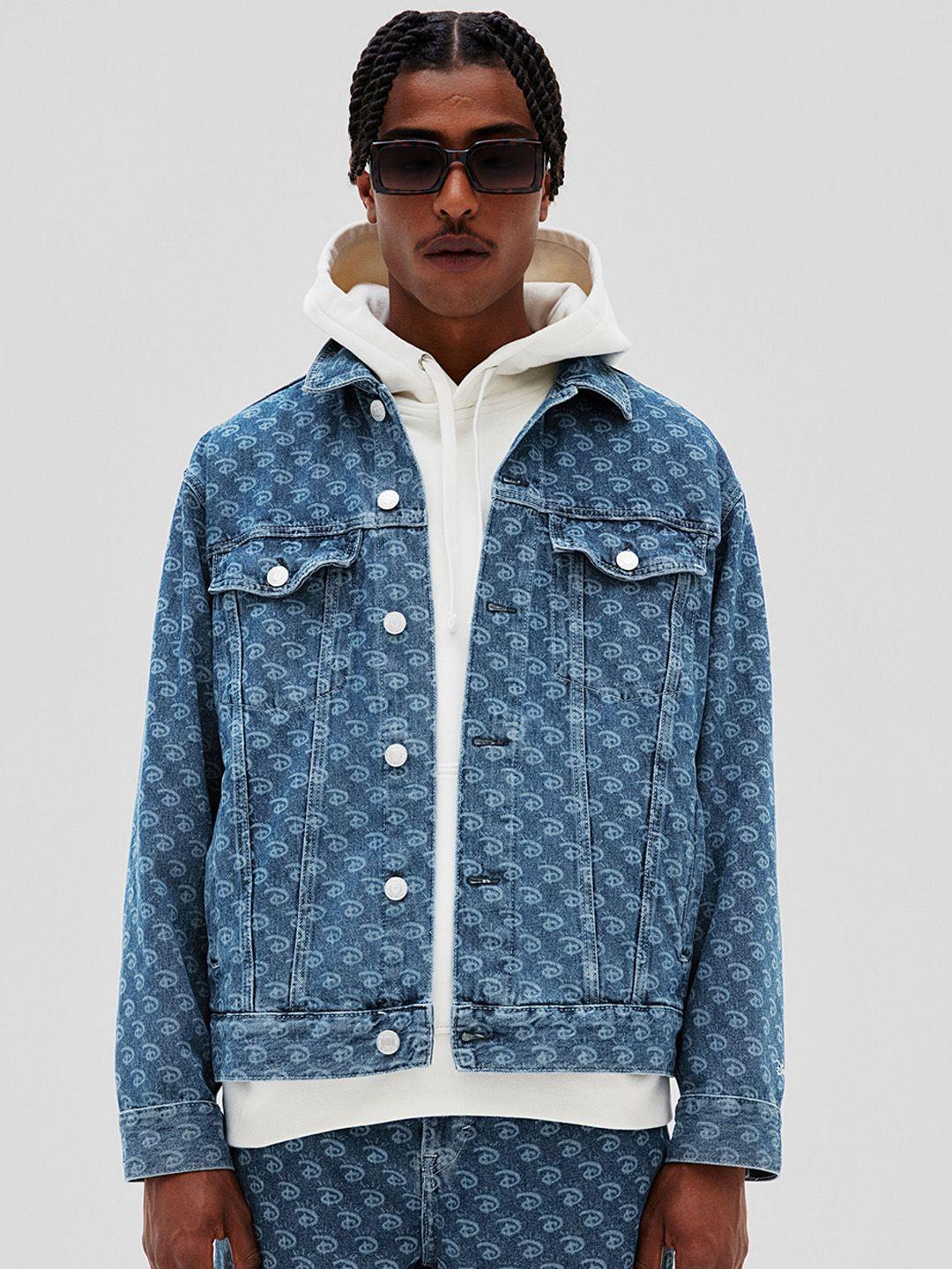h&m men loose fit printed pure cotton denim jacket