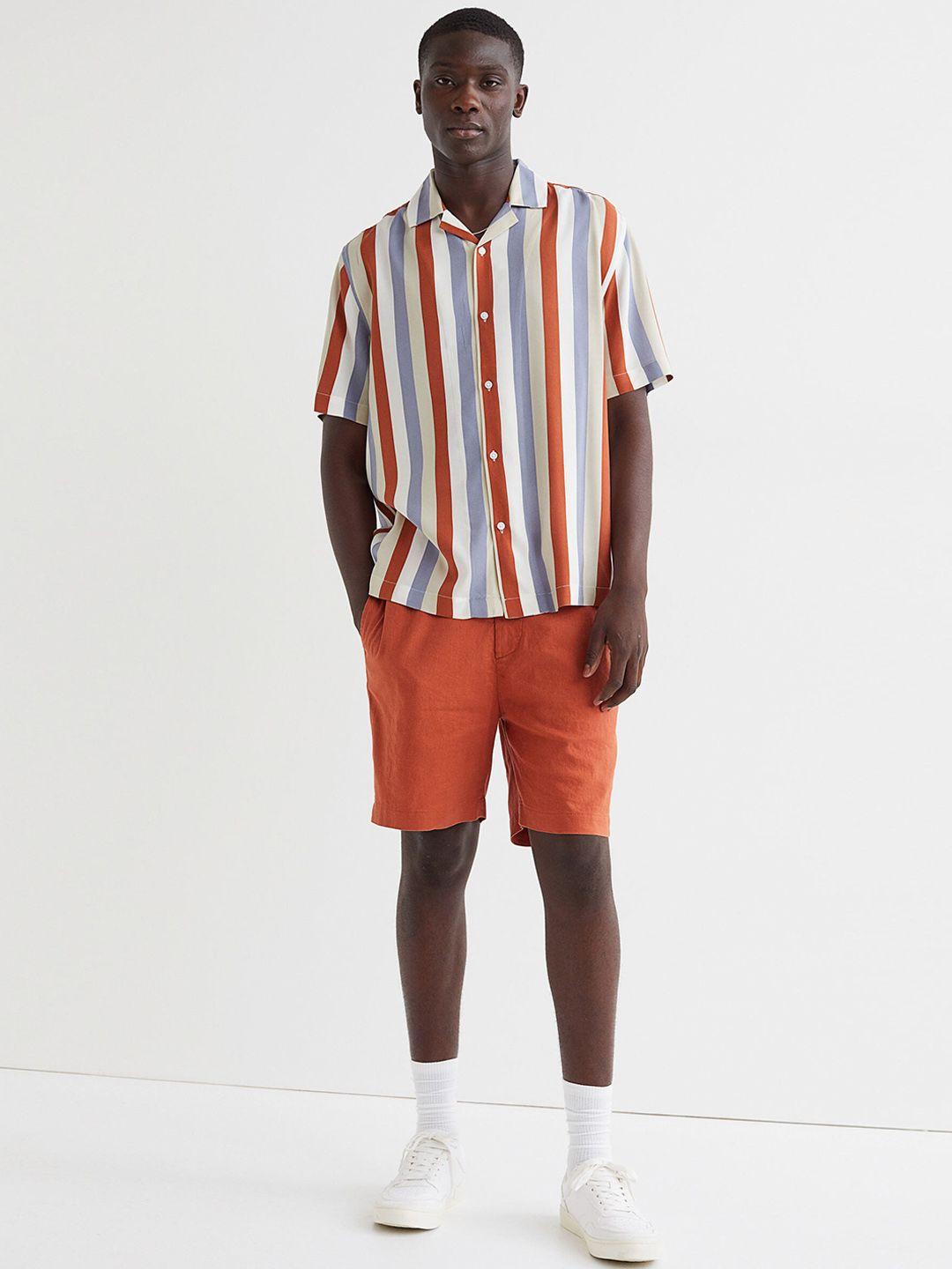 h&m men rust orange regular fit linen-blend shorts