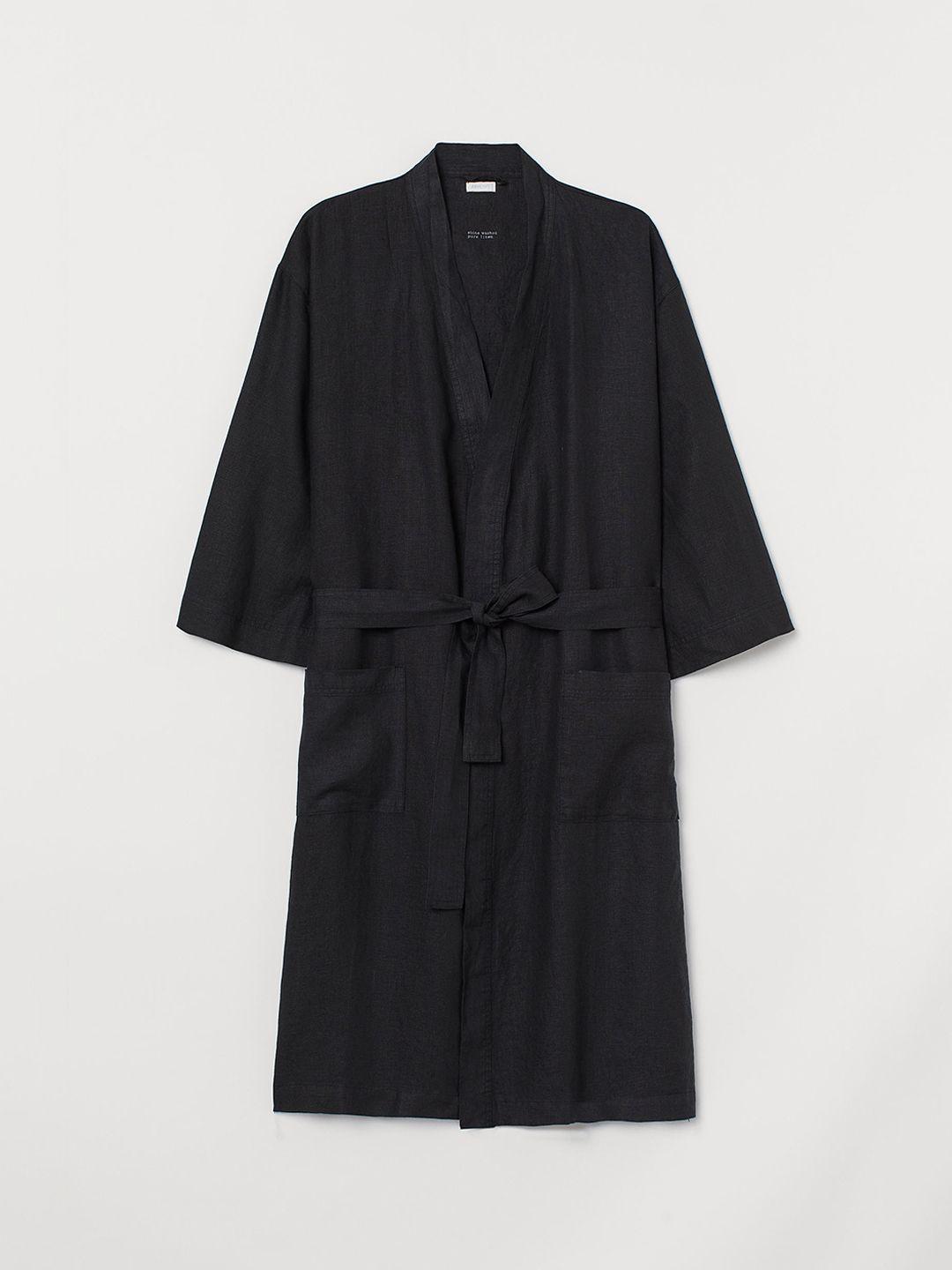 h&m unisex black washed linen dressing gown
