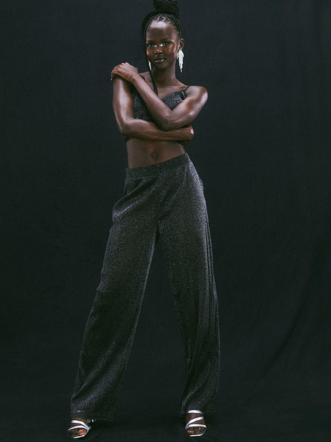 h&m women black glittery mesh trousers