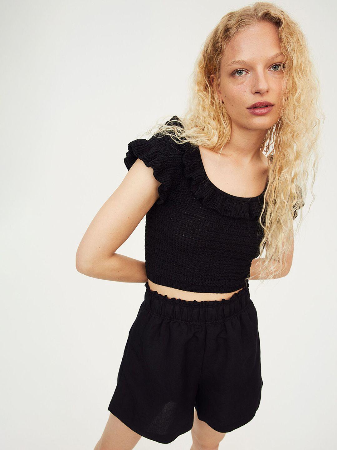h&m women black linen-blend pull-on shorts