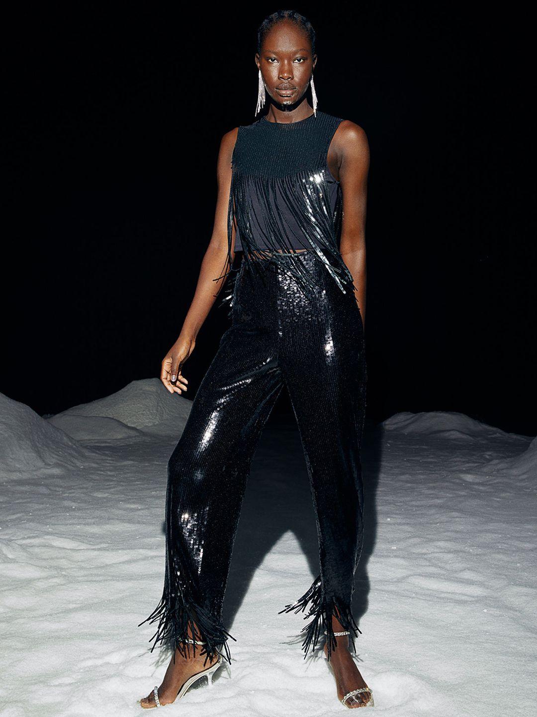 h&m women black sequined trousers