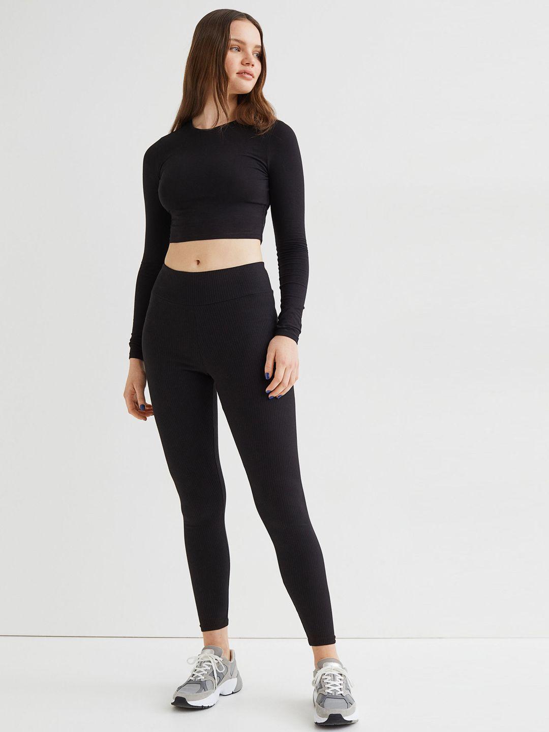 h&m women black solid high-waisted leggings