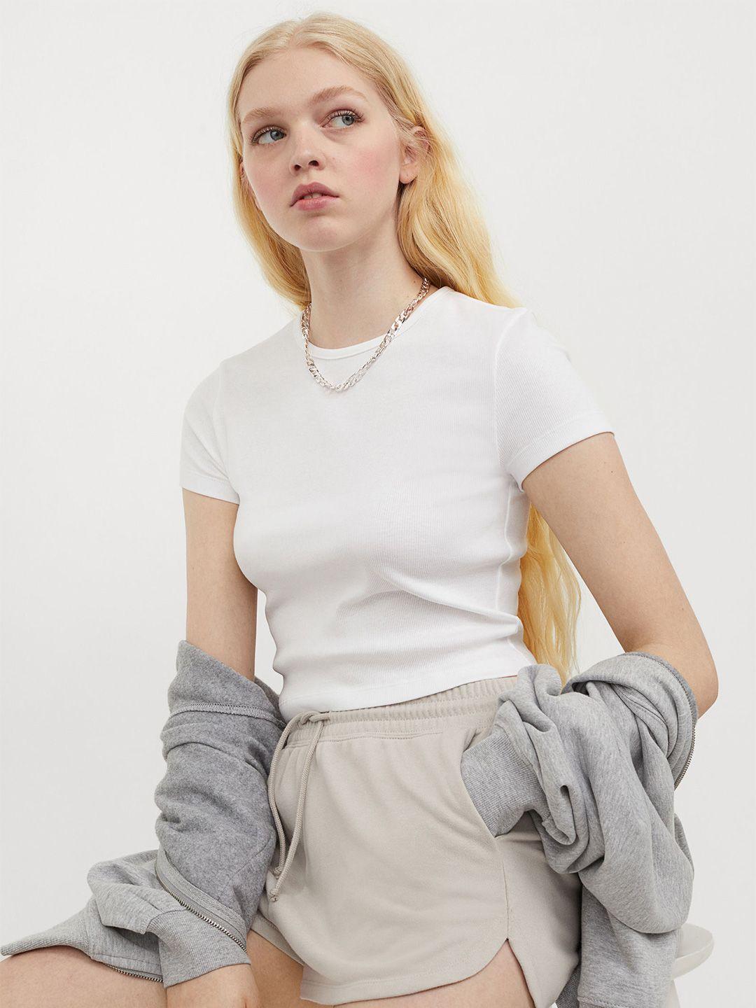 h&m women white ribbed cropped top