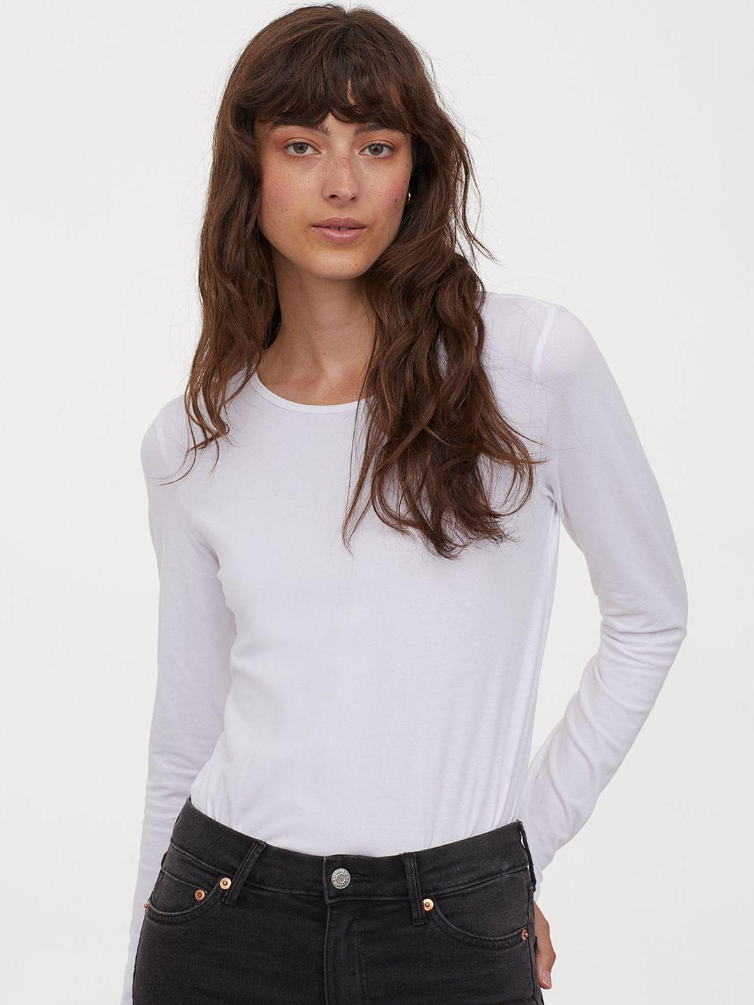 h&m women white solid long-sleeved jersey top