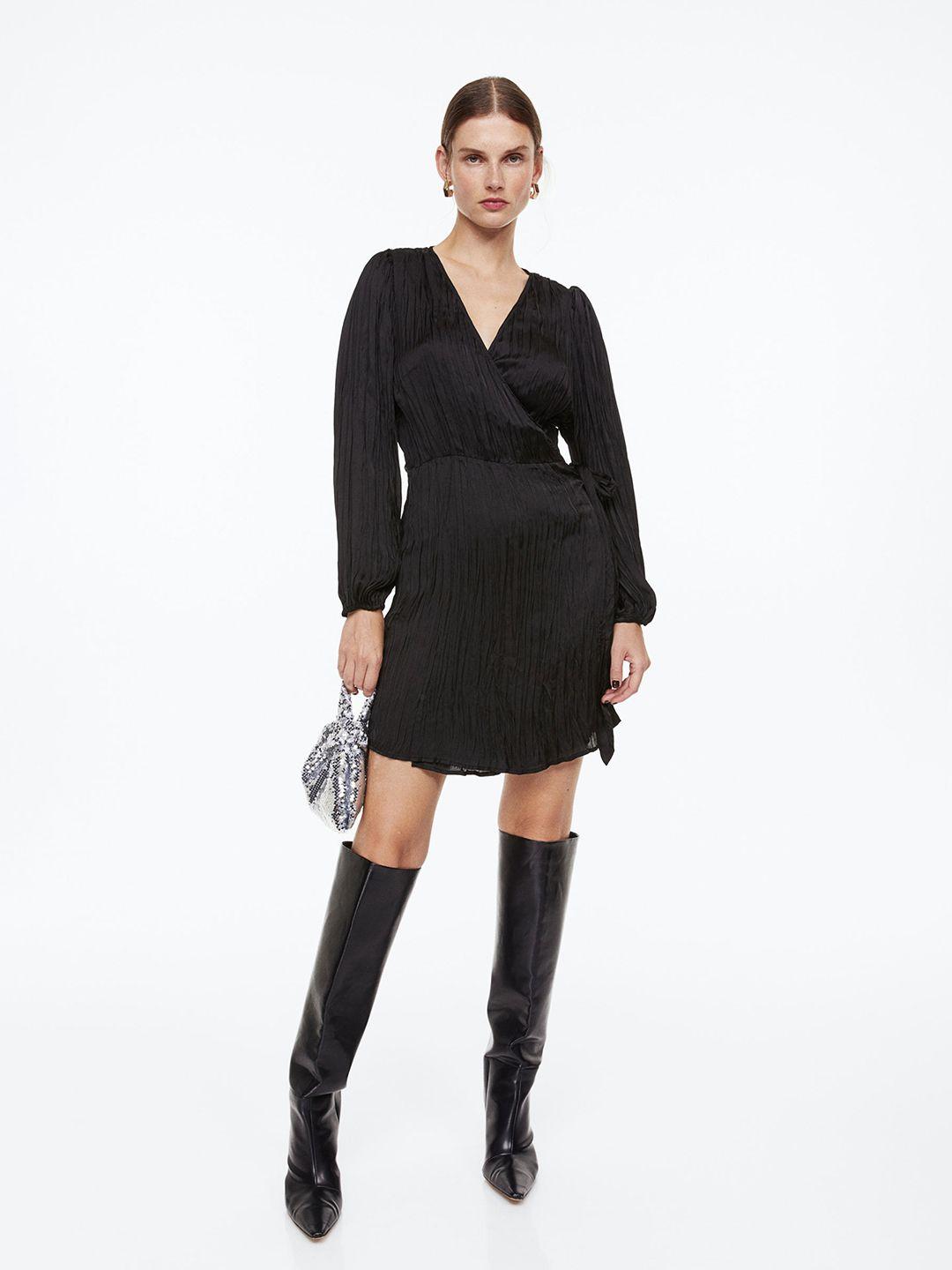 h&m black balloon-sleeved wrapover dress