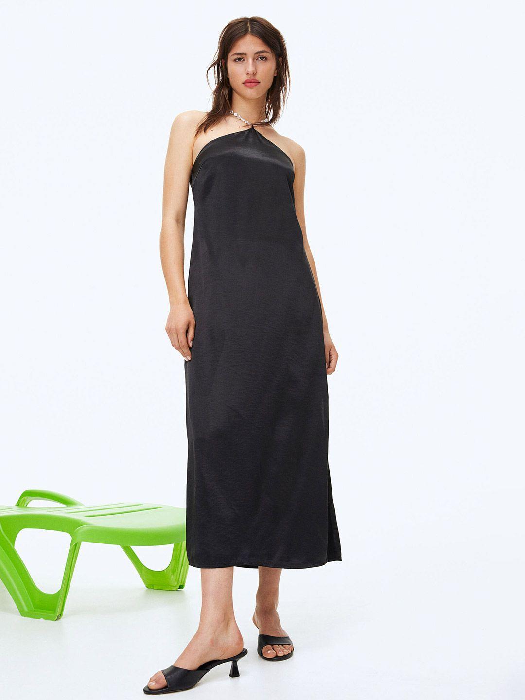 h&m black solid satin halterneck a-line dress