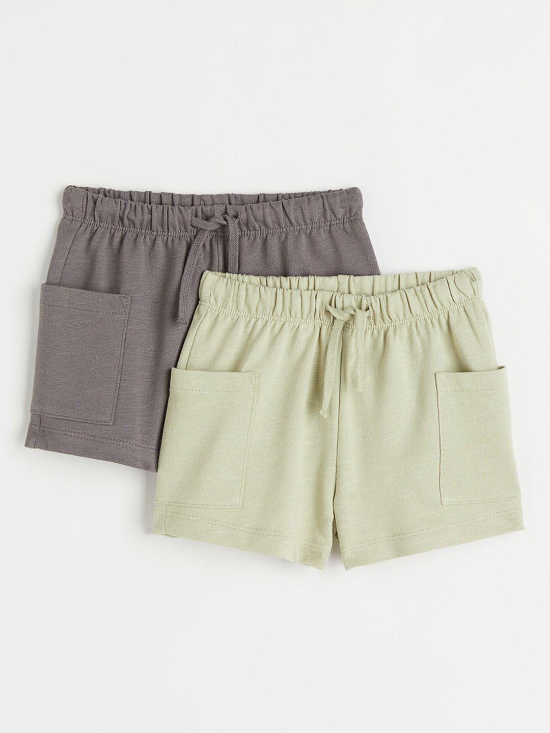 h&m boys green & charcoal grey 2-pack slub-cotton shorts