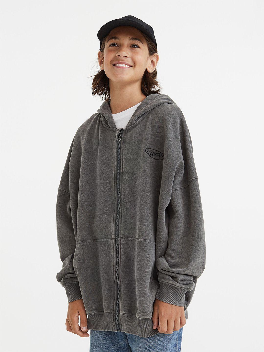 h&m boys grey solid zip-through hoodie