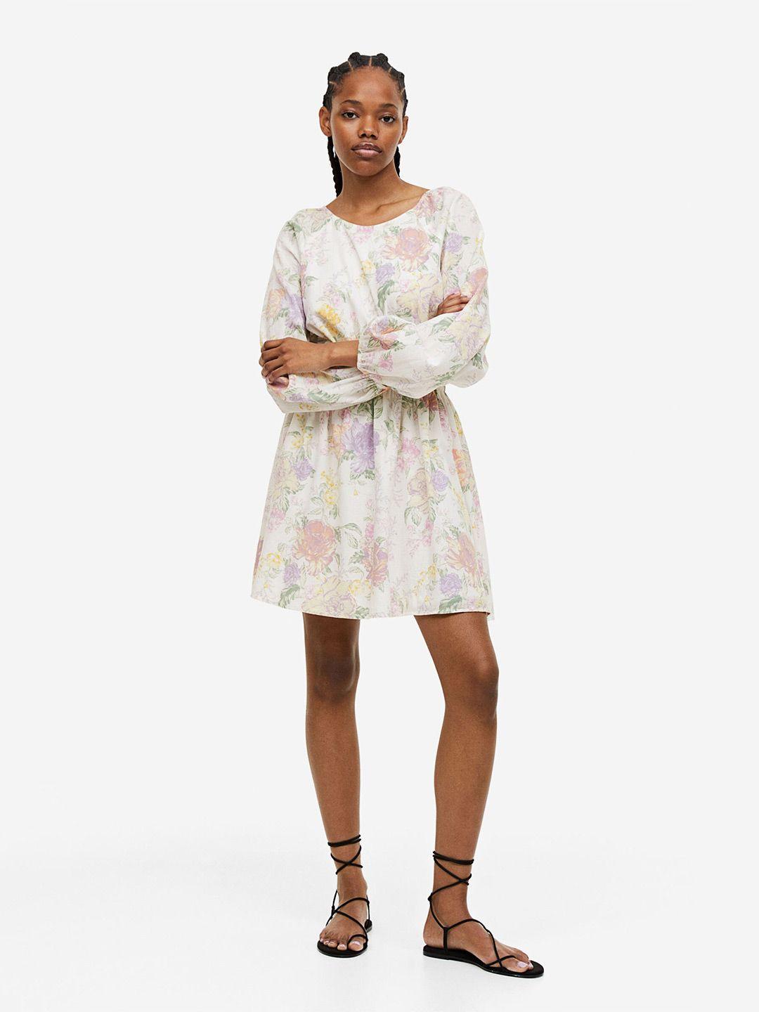 h&m cotton balloon-sleeved open-backed fit & flare dress