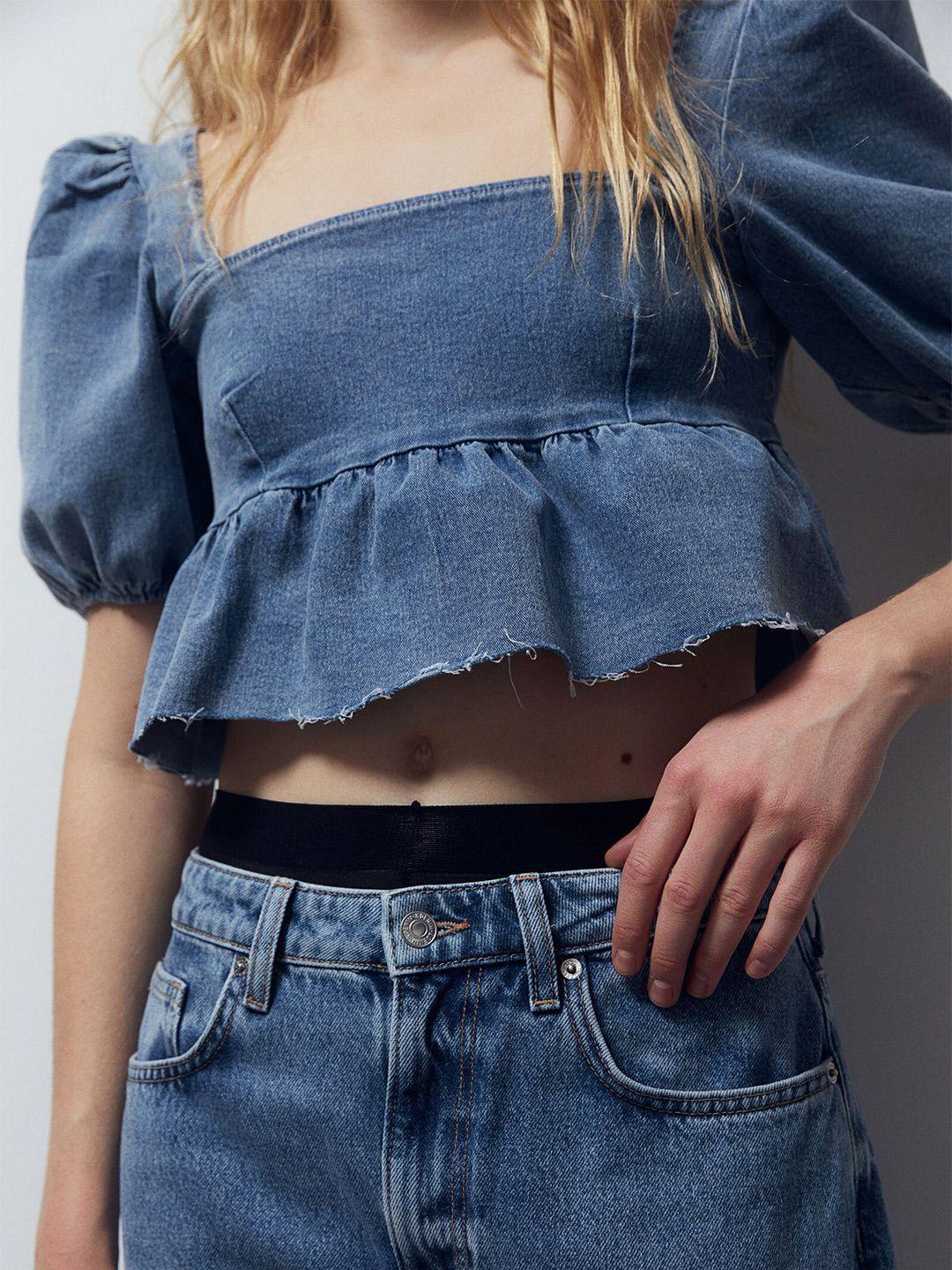 h&m denim puff sleeve crop tops