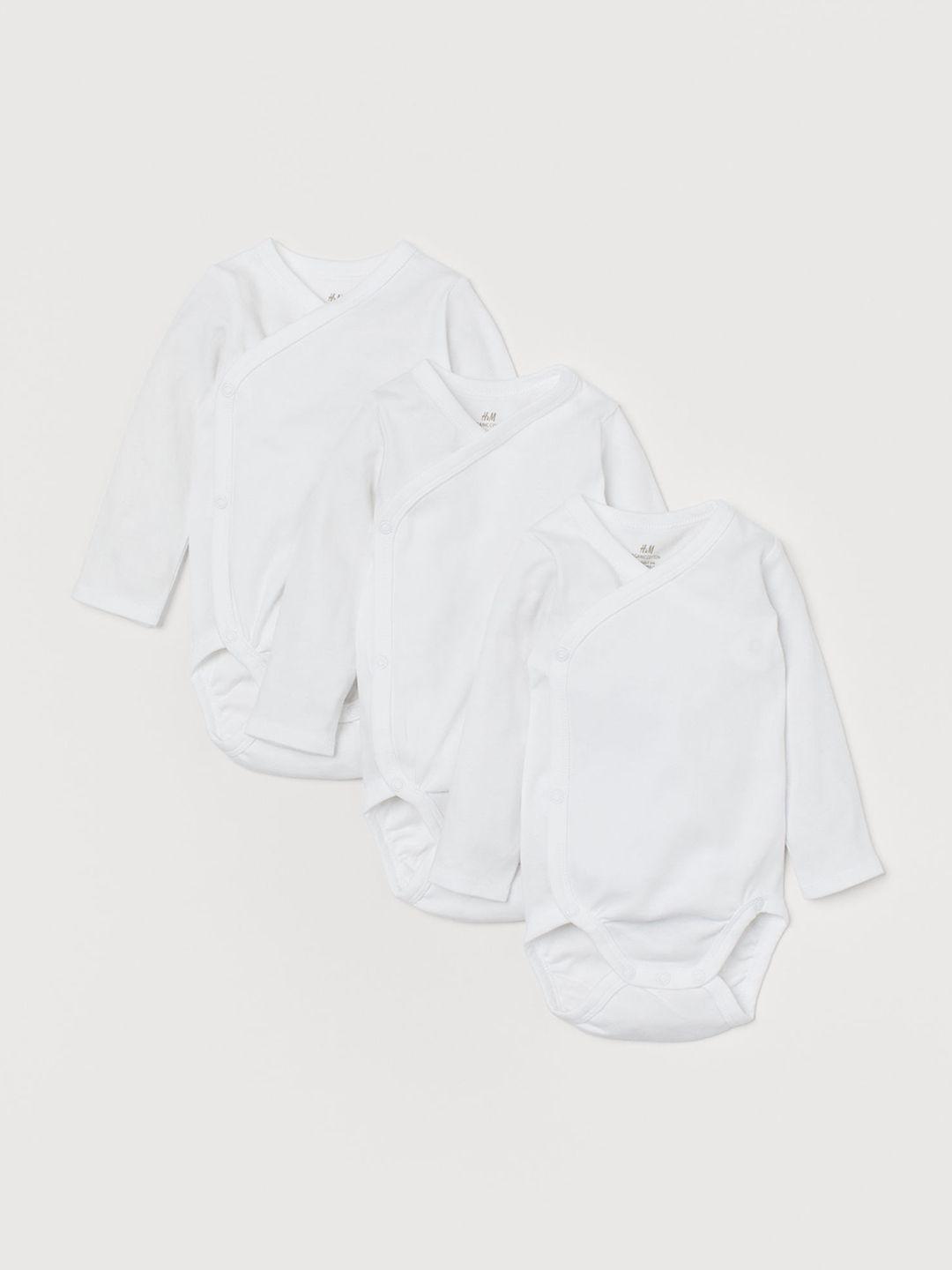 h&m girls white solid 3 pack long-sleeved sustainable rompers