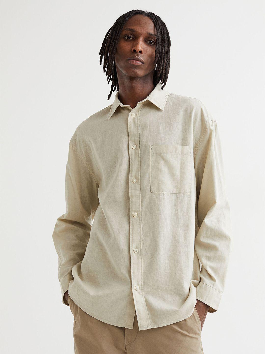 h&m men beige relaxed fit linen-blend shirt
