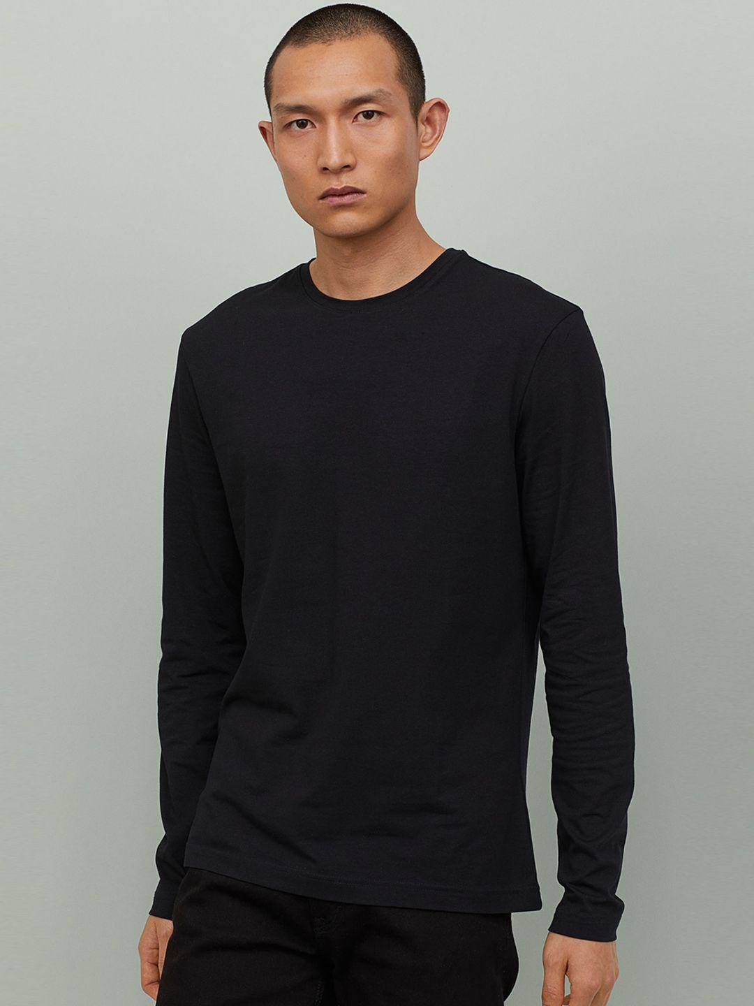 h&m men black solid long-sleeved jersey top