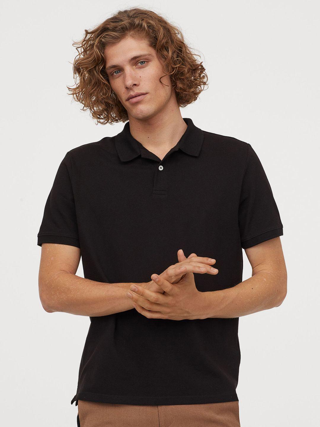 h&m men black solid polo collar t-shirt