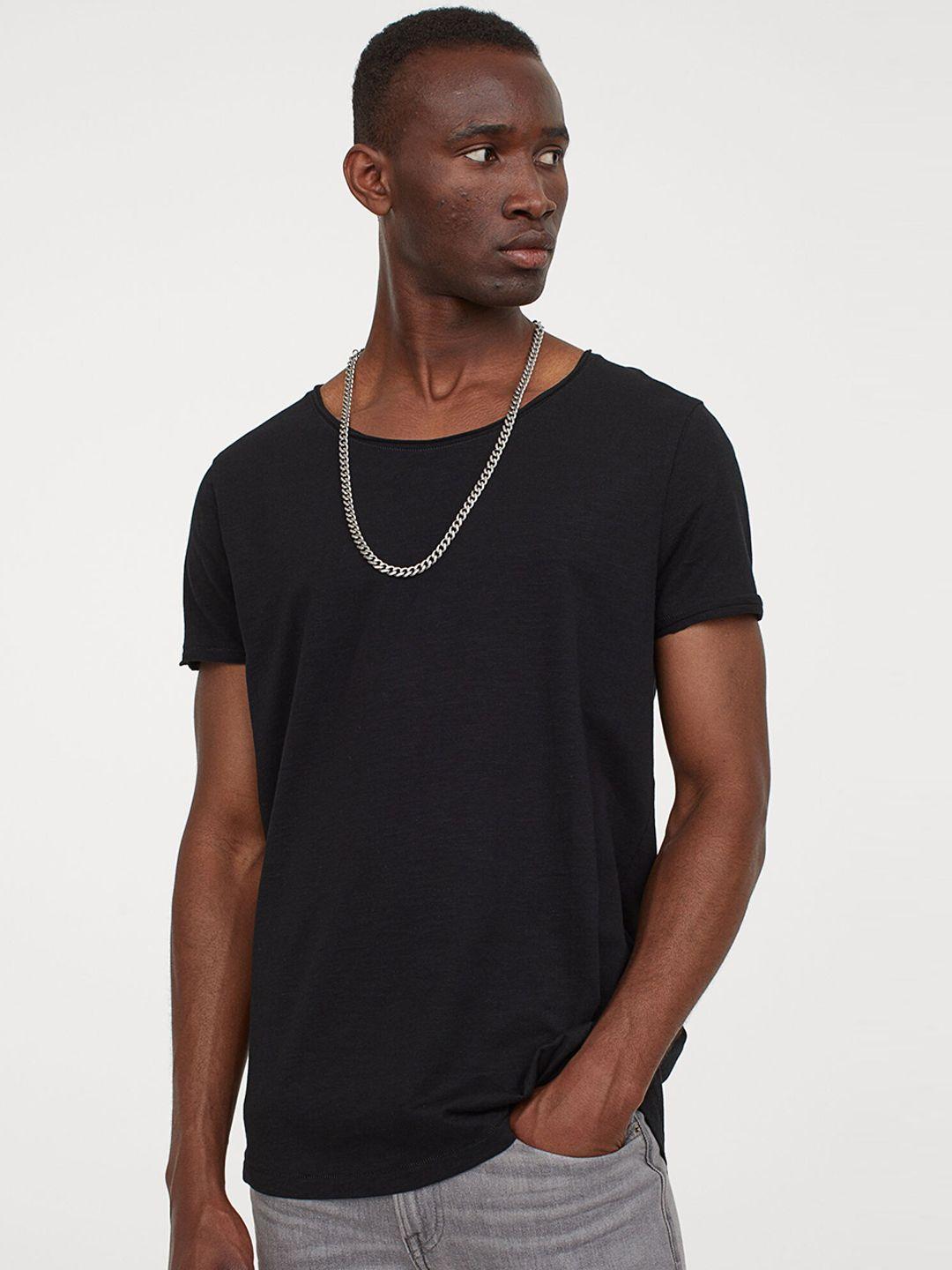 h&m men black solid raw edge t-shirt