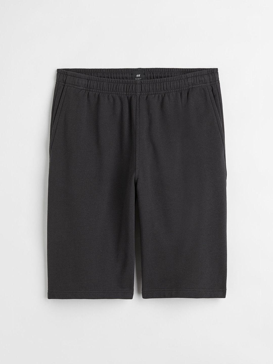 h&m men black solid relaxed fit cotton sweatshorts