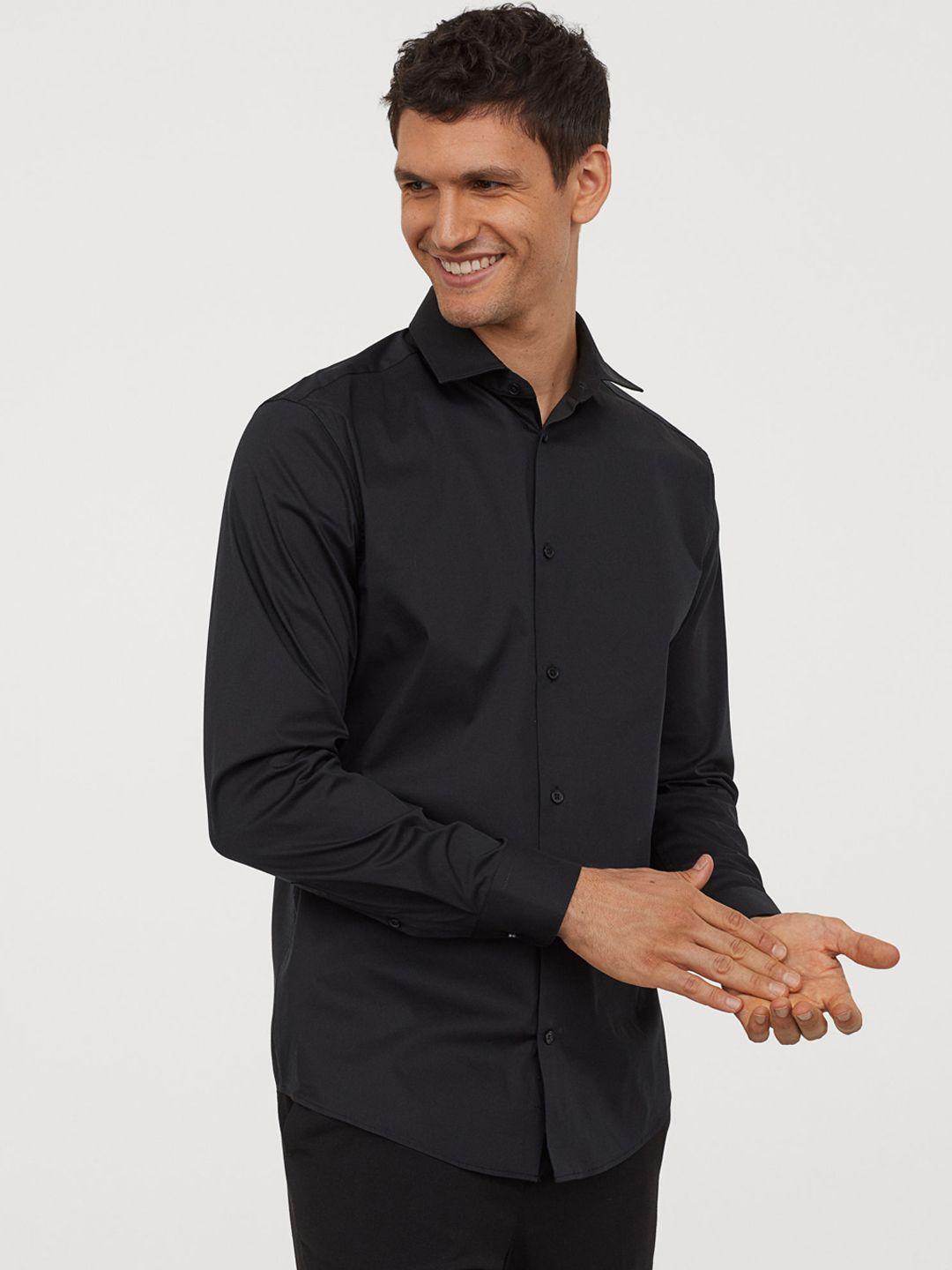 h&m men black solid slim fit stretch shirt