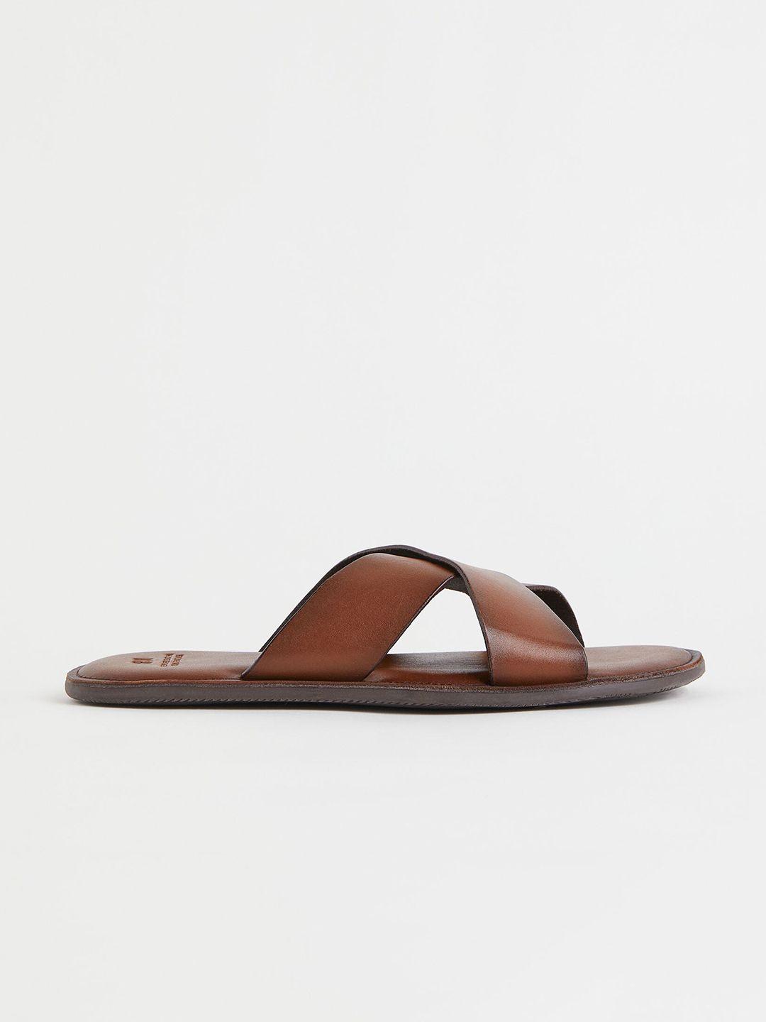 h&m men brown leather slides