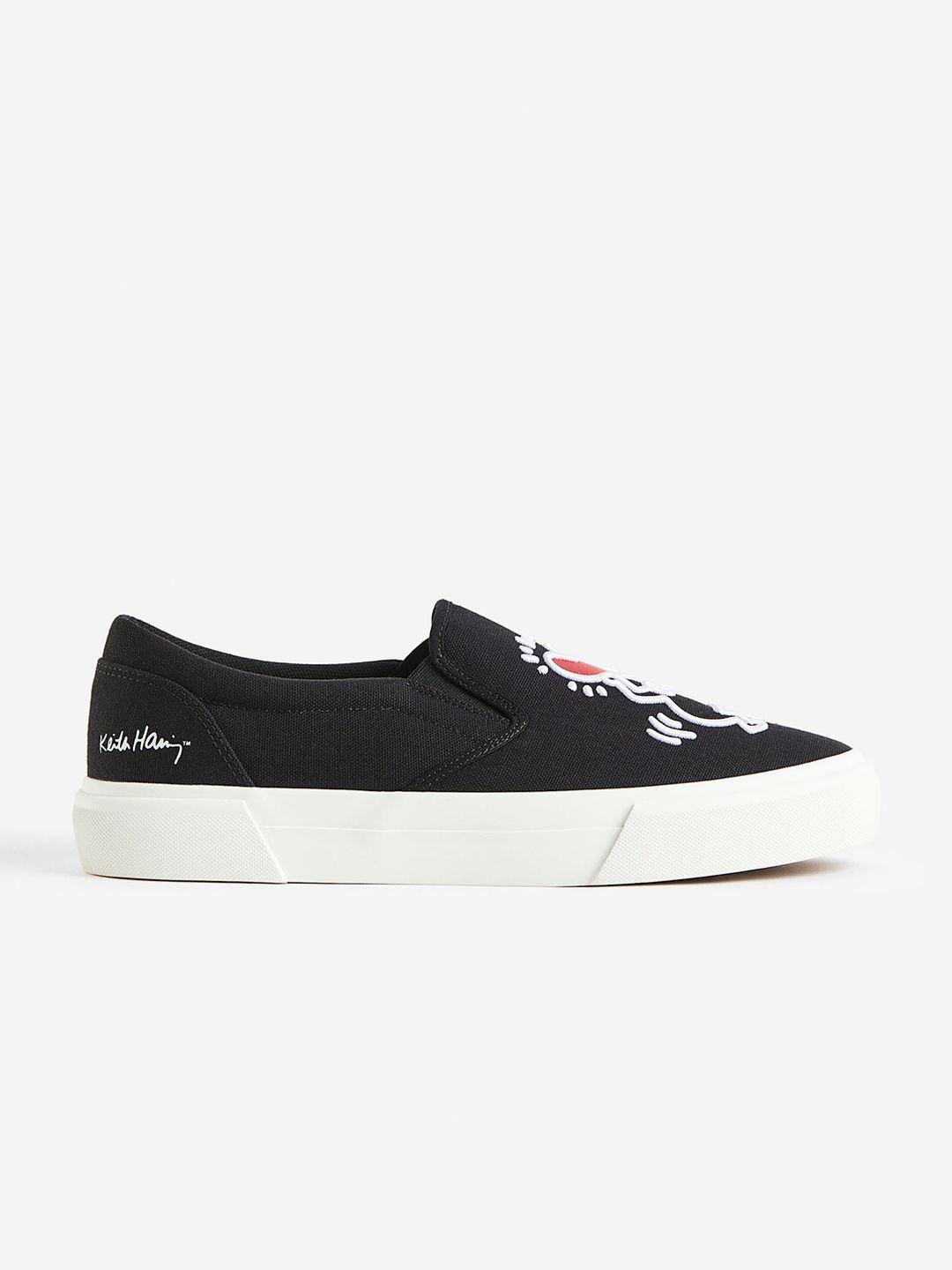 h&m men embroidered-motif pure cotton slip-on trainers