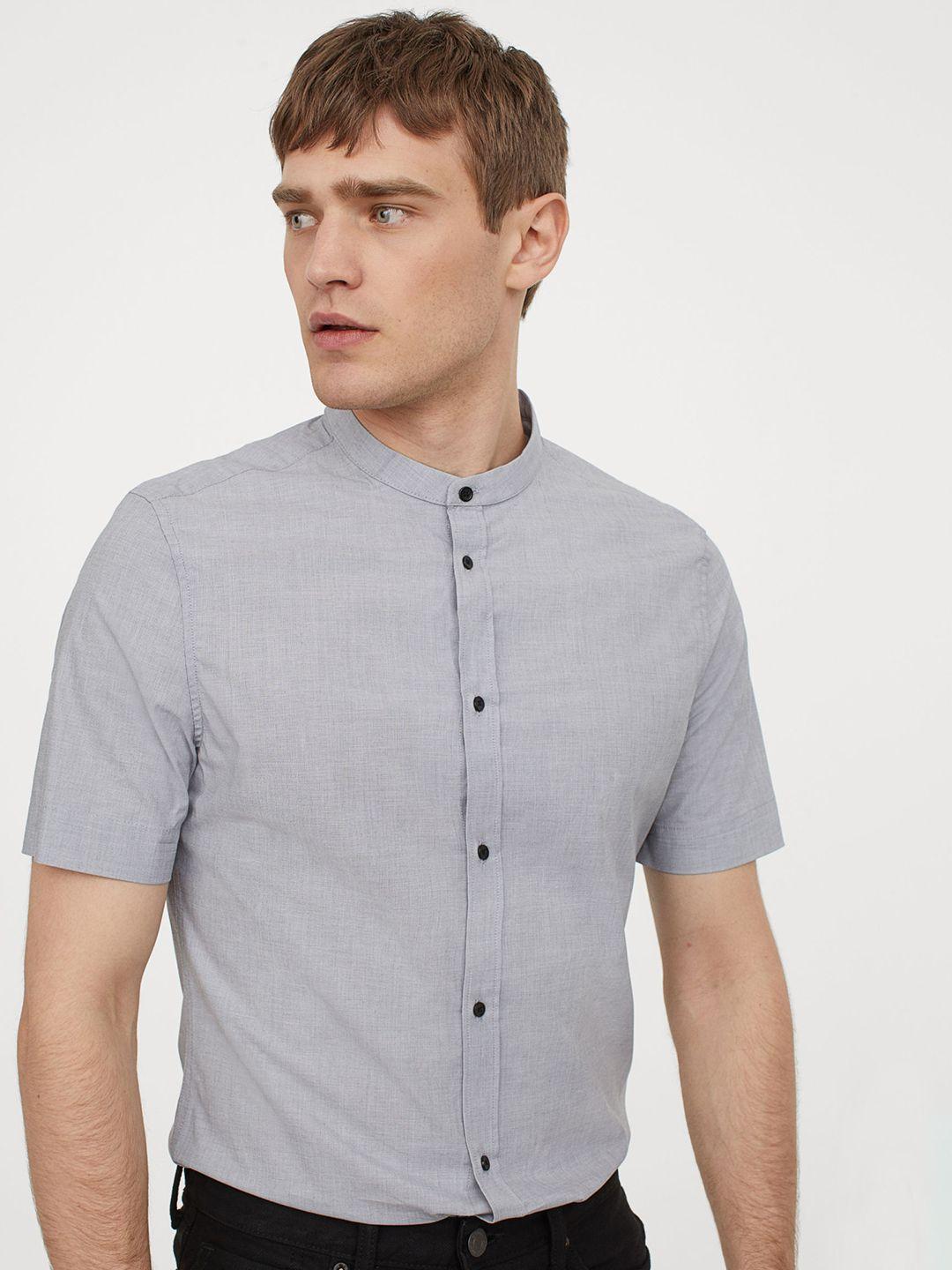 h&m men grey solid cotton shirt muscle fit