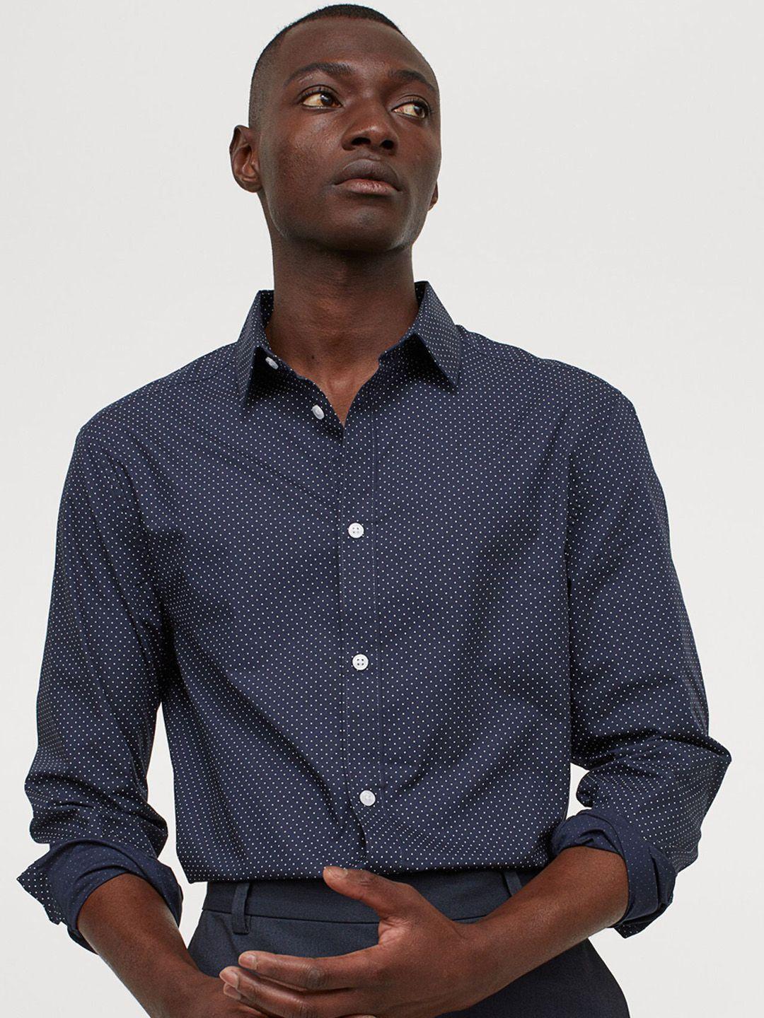 h&m men navy blue & white slim fit easy-iron shirt