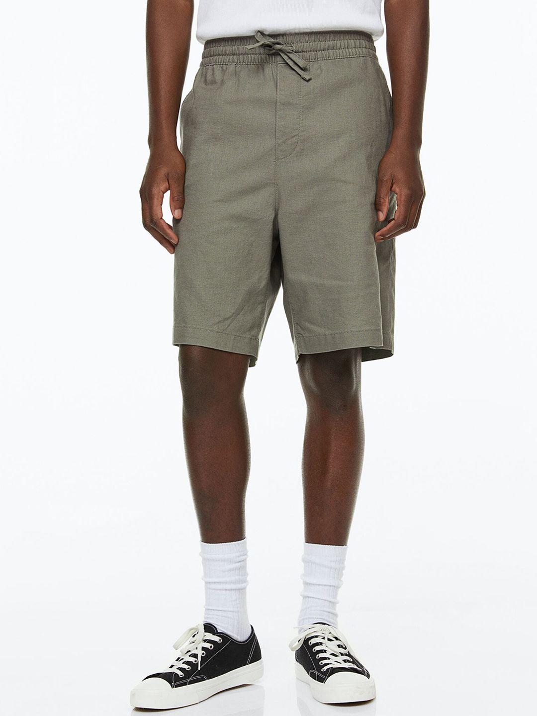 h&m men olive green loose fit linen-blend shorts