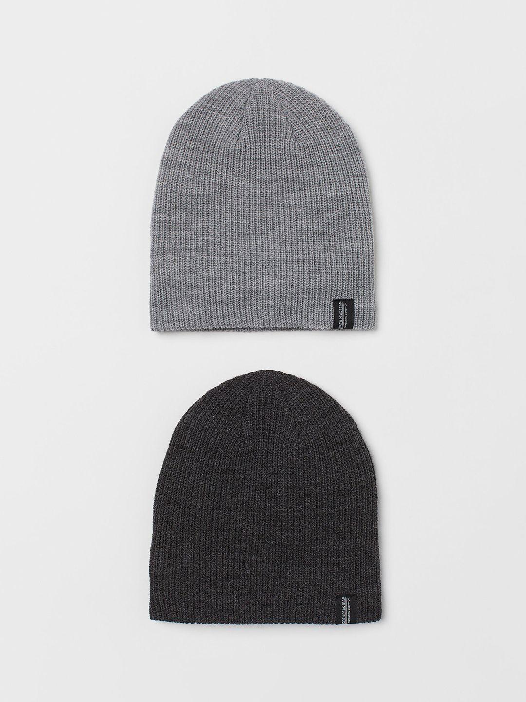 h&m men pack of 2 grey & black solid rib-knit hats