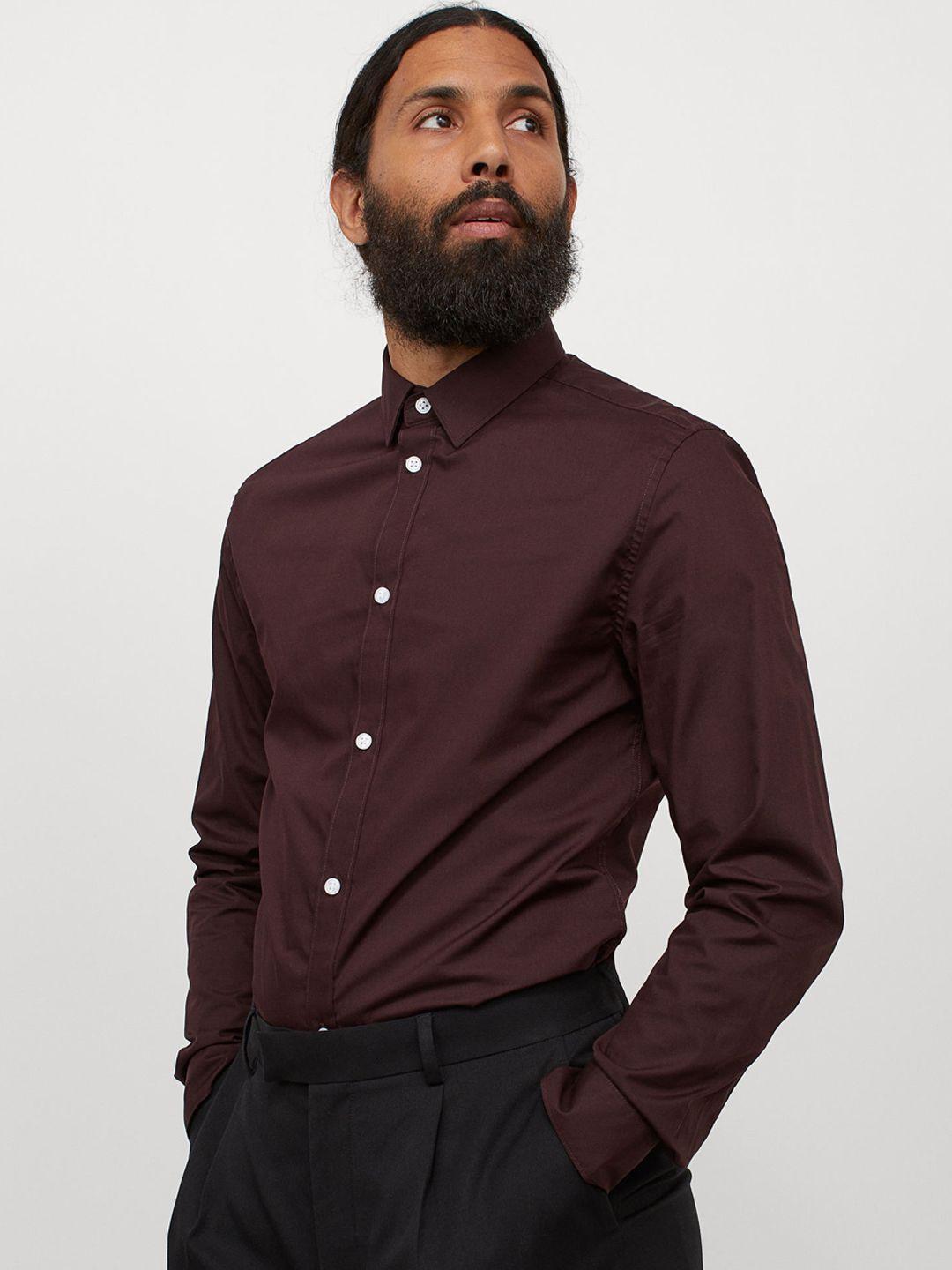 h&m men red solid slim fit easy iron shirt