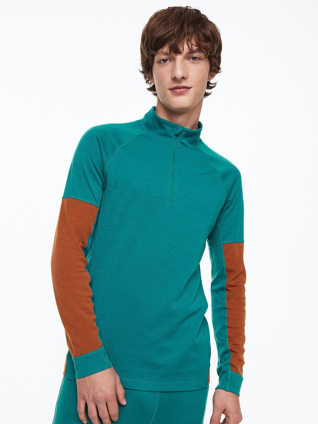 h&m men turquoise blue & brown wool-blend base layer top